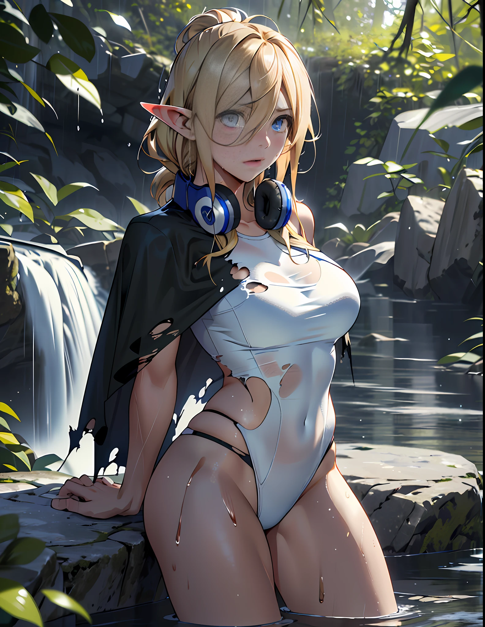 Best quality, masterpiece, ultra high res, detailed background, realistic, 1girl, solo, female, muscular, mature female, Straight hair, yellowish blonde, medium length, hair strands hanging on the right side of the face, makeup, eye shadow, standing on a stone, legs open, showing panties, seductive scene, large black cape (torn), white sticky swimsuit outfit, arm bandages, wet breasts, open mouth, serious face, sexy beak, beautiful eyes, well done, blue eyes (clear), sparkle we eyes, erotic expression, forest, waterfall, real shadow and light, depth of field, huge large breasts, torn clothes, torn bra, uderboob, looking at the viewer, strong wind in the face, strong wind in the hair, loose hair, Miku Nakano, Konosuba, sweaty, wet, sexy, flushed, seductive, confident, moaning, ((very sweaty)) ((the body is dripping wet)) ((wet thighs)), ((spreading thighs)), no mistakes, well detailed, extremely well done, eyes well drawn, eyes well made, face well drawn, ((no art error)), elf ear, ((torn clothes, part breasts))
