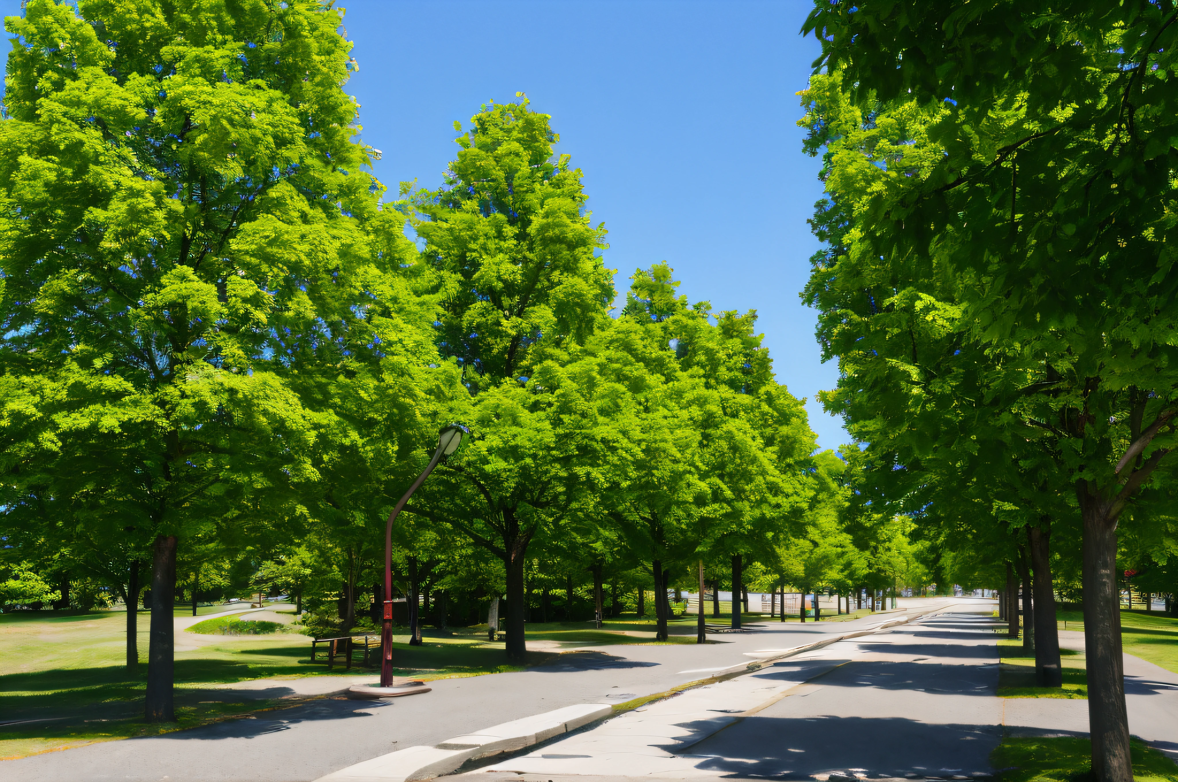 trees line the road in a park with a bench and a fire hydrant, maple trees along street, park on a bright sunny day, green trees, linden trees, green spaces, sunny day in a park, park landscape, trees outside, big green trees, the city is full of green plants, green alley, parks and public space, parks and gardens