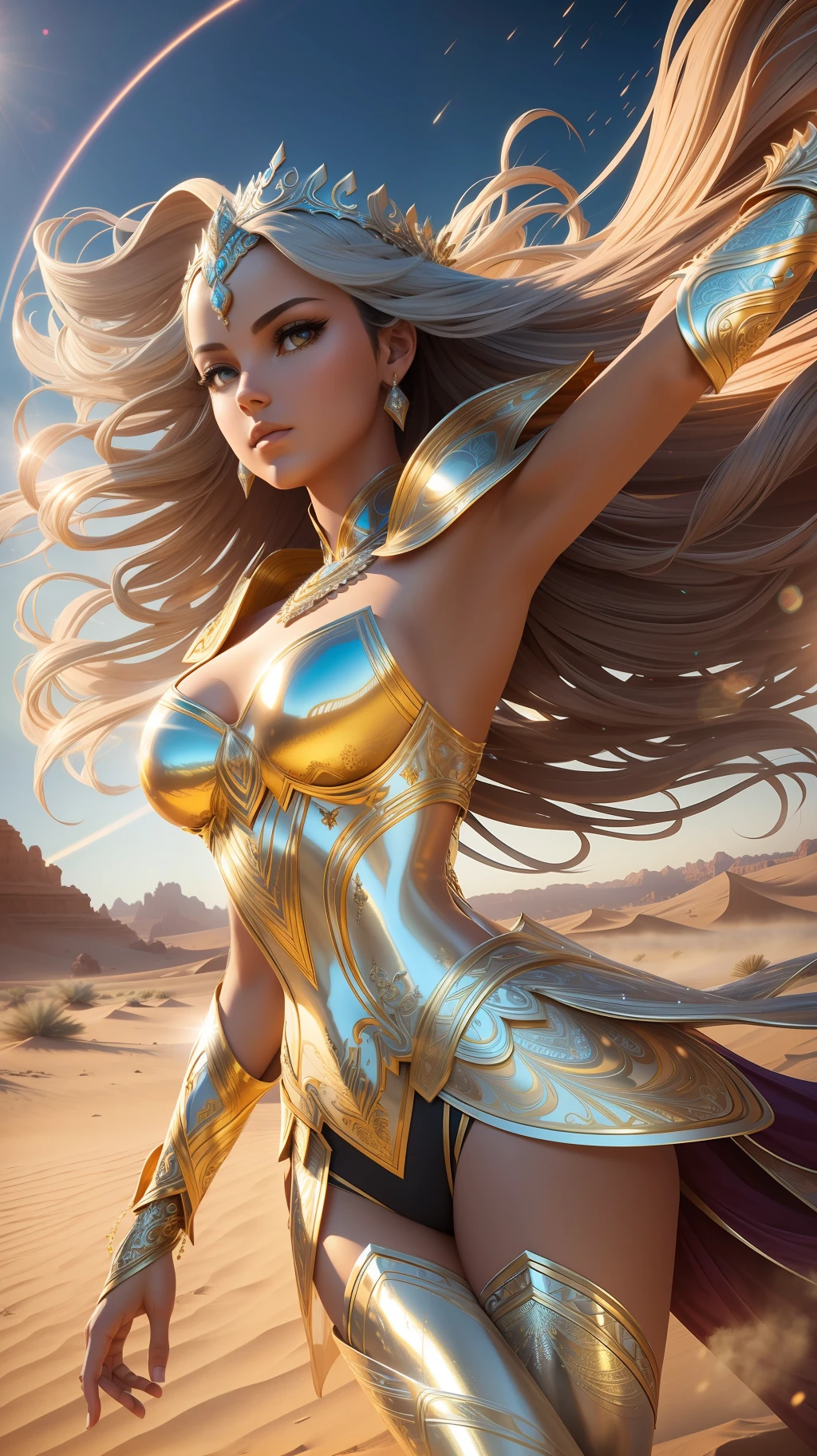award winning concept art of tall (1girl:1.2) in silver shiny ornate armor dancing in desert, epic, god rays, centered, (masterpiece:1.2), (best quality:1.2), Amazing, highly detailed, beautiful, finely detail, warm soft color grading, Depth of field, extremely detailed 8k, fine art, stunning, iridescent, shiny, light reflections, crisp, curls, wind, sandstorm, dynamic pose, hyper realism, vibrant, sunlit, edge detection, gradient hair