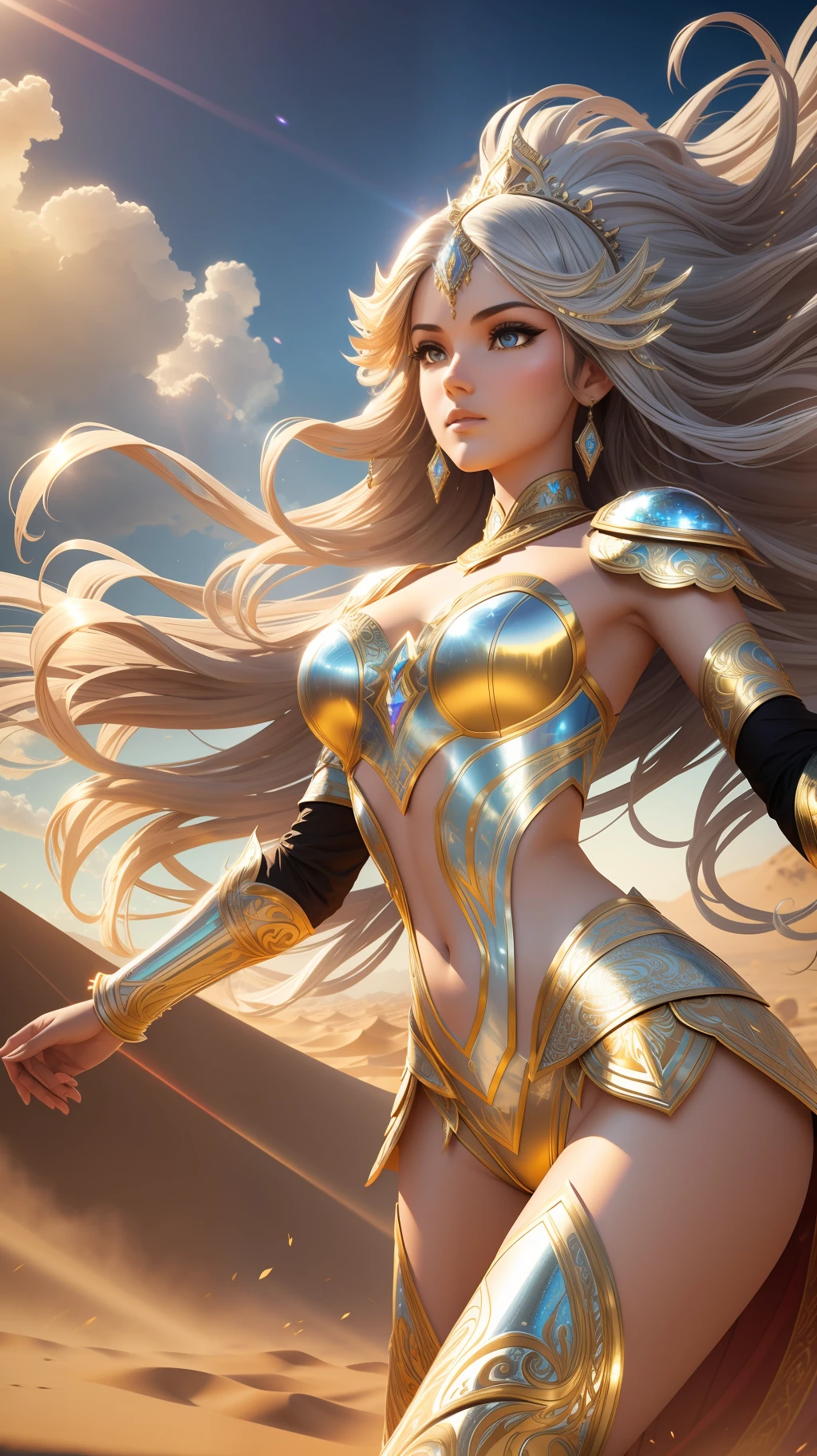 award winning concept art of tall (1girl:1.2) in silver shiny ornate armor dancing in desert, epic, god rays, centered, (masterpiece:1.2), (best quality:1.2), Amazing, highly detailed, beautiful, finely detail, warm soft color grading, Depth of field, extremely detailed 8k, fine art, stunning, iridescent, shiny, light reflections, crisp, curls, wind, sandstorm, dynamic pose, hyper realism, vibrant, sunlit, edge detection, gradient hair
