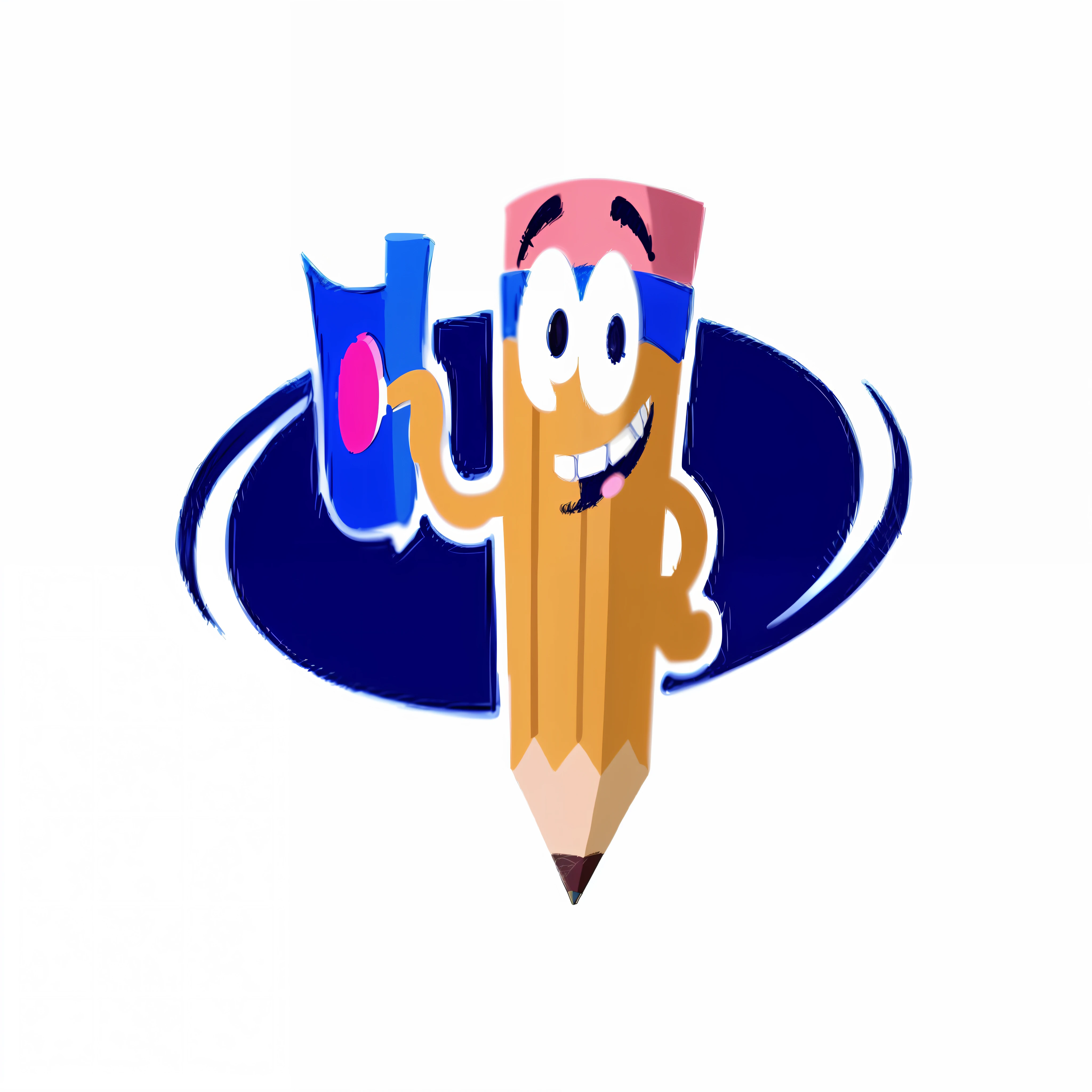 Kawaii golden pencil logo (animated with eyes, smile and arms)(holding a sheet of blue and pink paper), (white background with blue spiral), avatar for website, illustrated logo, Japanese mascot, cartoon image, image, cartoon, profile picture, drawing learning logo, 2D logo, random artist, pencil, avatar image, pencil hold blue and pink sheet of paper, kawaii logo, cartoon still, uploaded, unused design, cartoon illustration