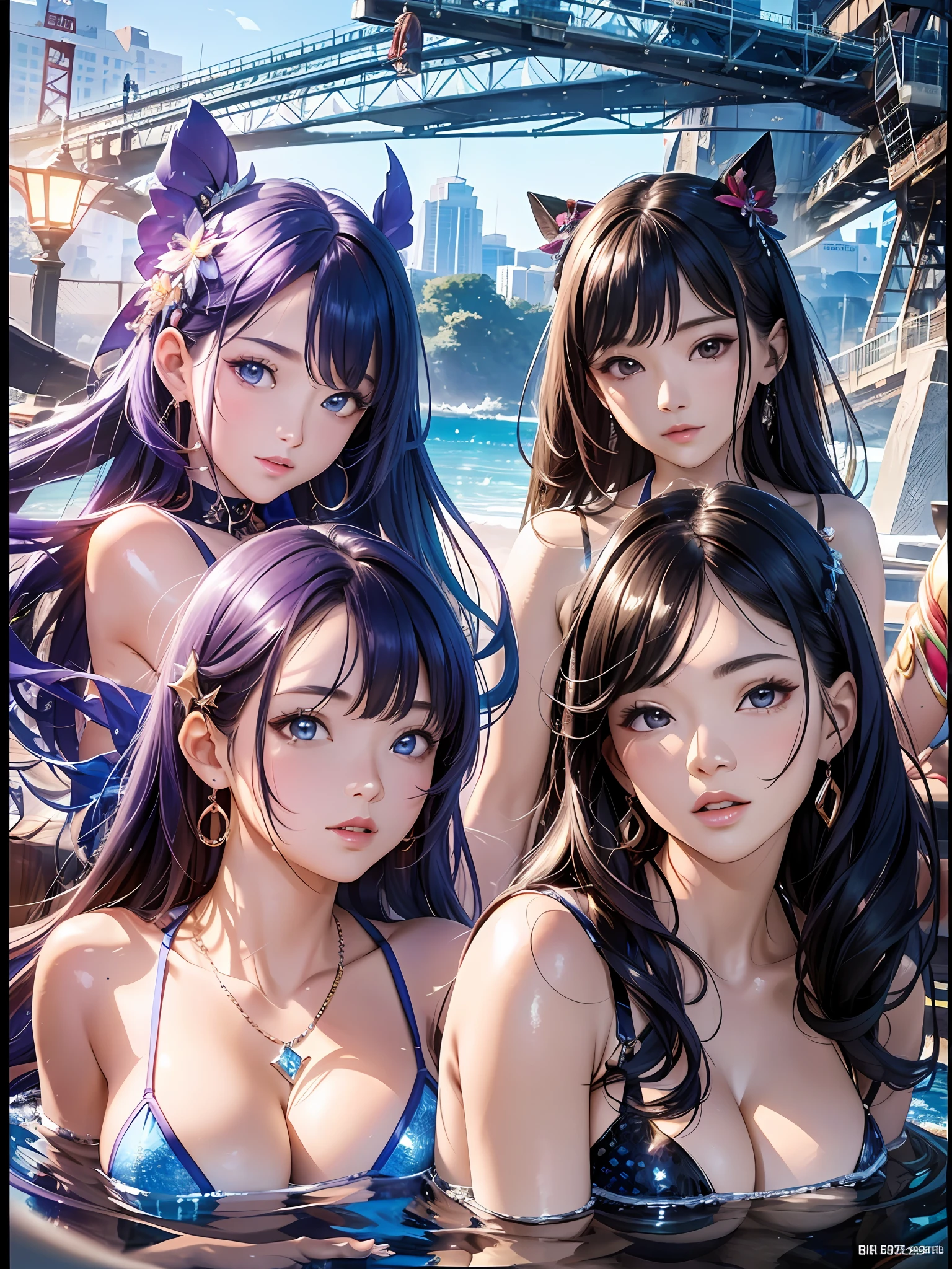 8k,masterpiece, bset quality,big, (3girl), shiny skin, shiny big, ((highest quality)), bikini, colorful, group photo, clear focus: 1.2, highly detailed face and skin texture, detailed eyes,