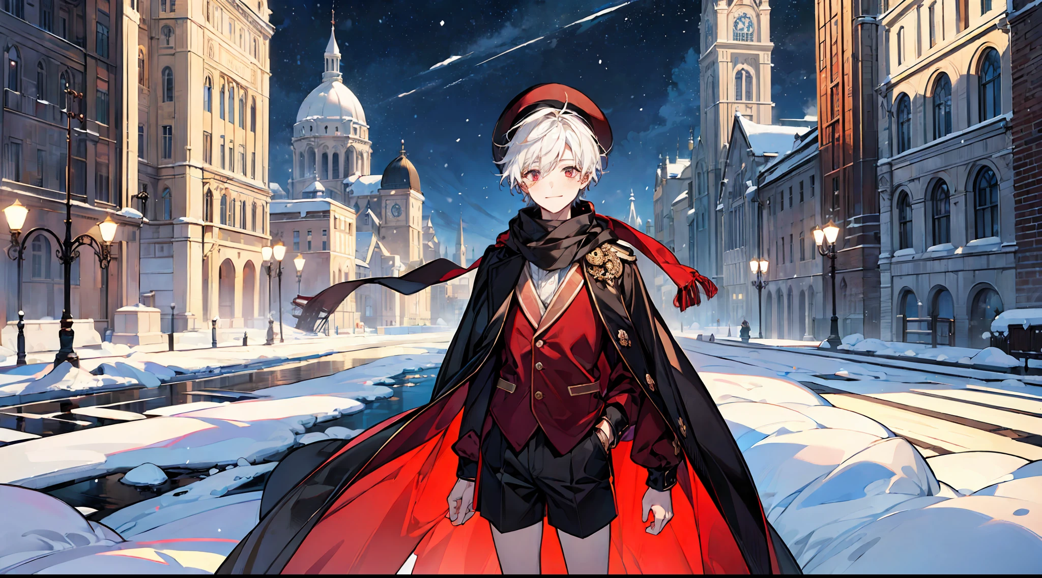 ((masterpiece)),(((best quality))), (high-quality, breathtaking),(expressive eyes, perfect face), a short young boy, short white hair, red eyes, smiling, black winter outfit, wear short shorts, hat, scarf, shine, glow, snow, city