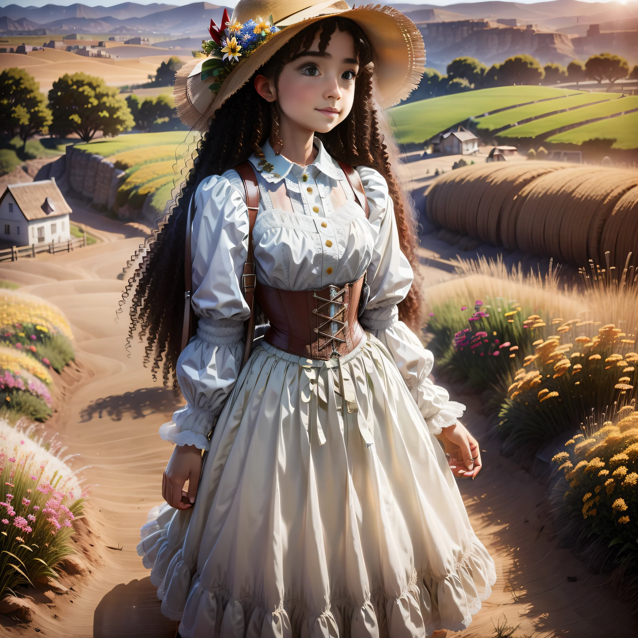 ((camponesa francesa)), a French countryside girl wearing a white blouse, brown corset, green skirt, and straw hat, standing in a wheat field, surrounded by countryside elements such as farm animals, wooden fence, and flowers, with a warm and nostalgic atmosphere, bright and natural lighting, and a soft focus.