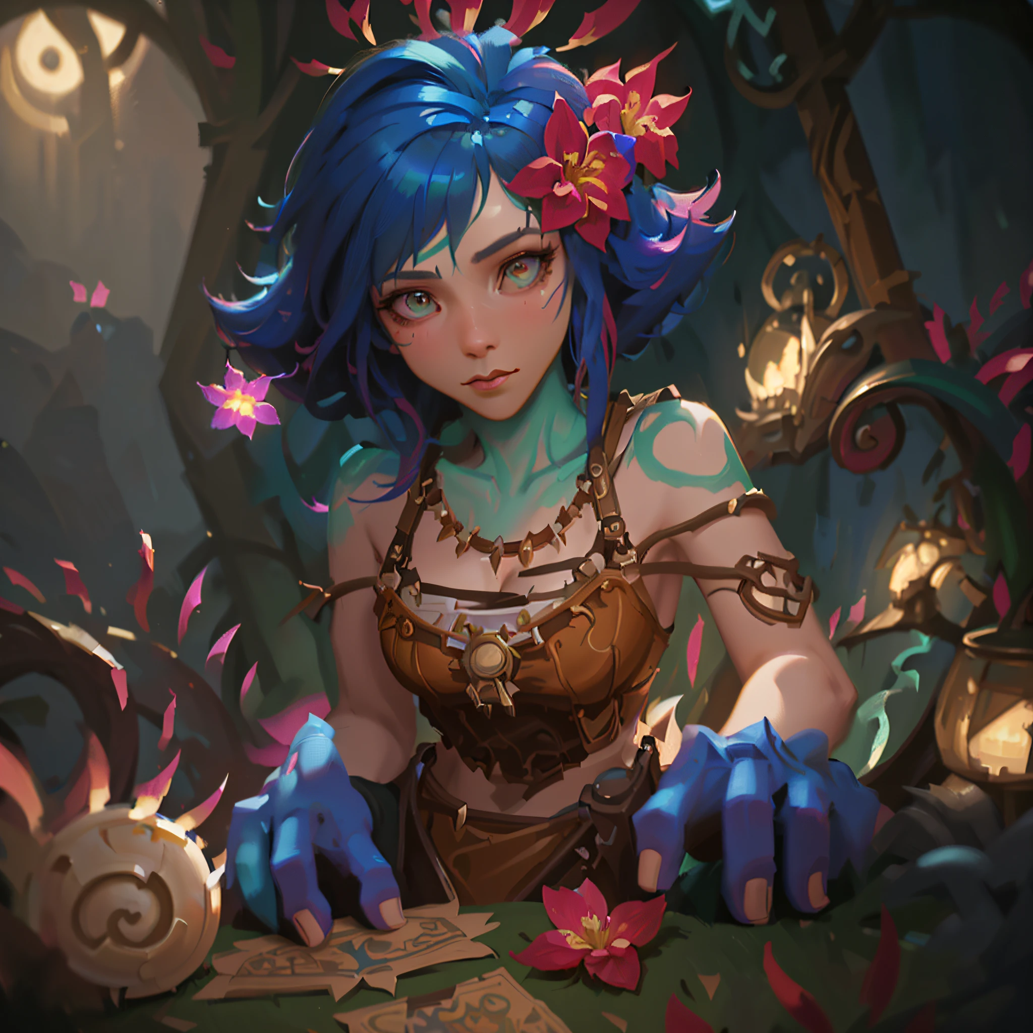 a close up of a woman with blue hair and a flower in her hair, portrait of jinx from arcane, fantasy hearthstone art style, astri lohne, elf girl wearing an flower suit, samira from league of legends, mana art, artgerm julie bell beeple, from league of legends, in hearthstone art style