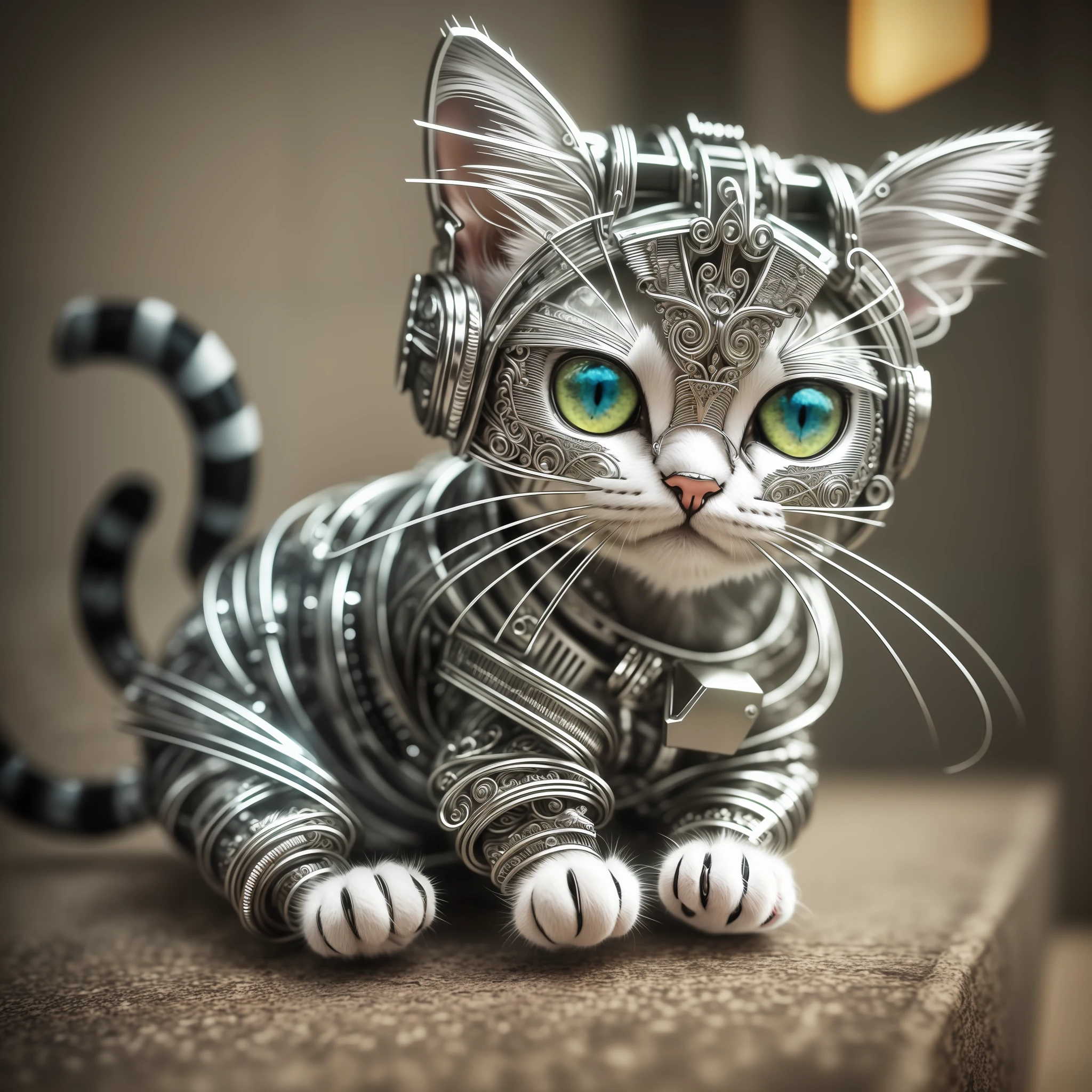 a cute kitten made out of metal, (cyborg:1.1), ([tail | detailed wire]:1.3), (intricate details), hdr, (intricate details, hyperdetailed:1.2), cinematic shot, vignette, centered --auto --s2