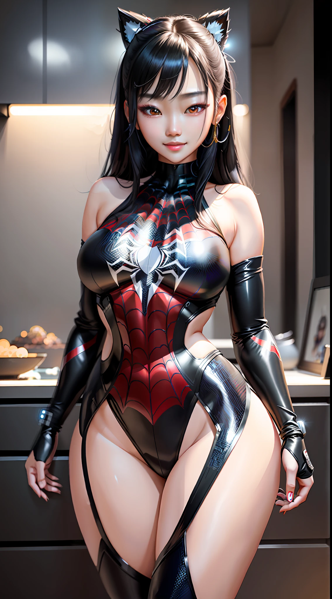 masterpiece, maximum quality, ultra high resolution, 8k, korean girl (extremely beautiful), black hair with lights, full body, very thin, detailed face, detailed eyes, mischievous smile, wide hips, thick thighs, smooth and soft pellet, with Spider-Man clothes