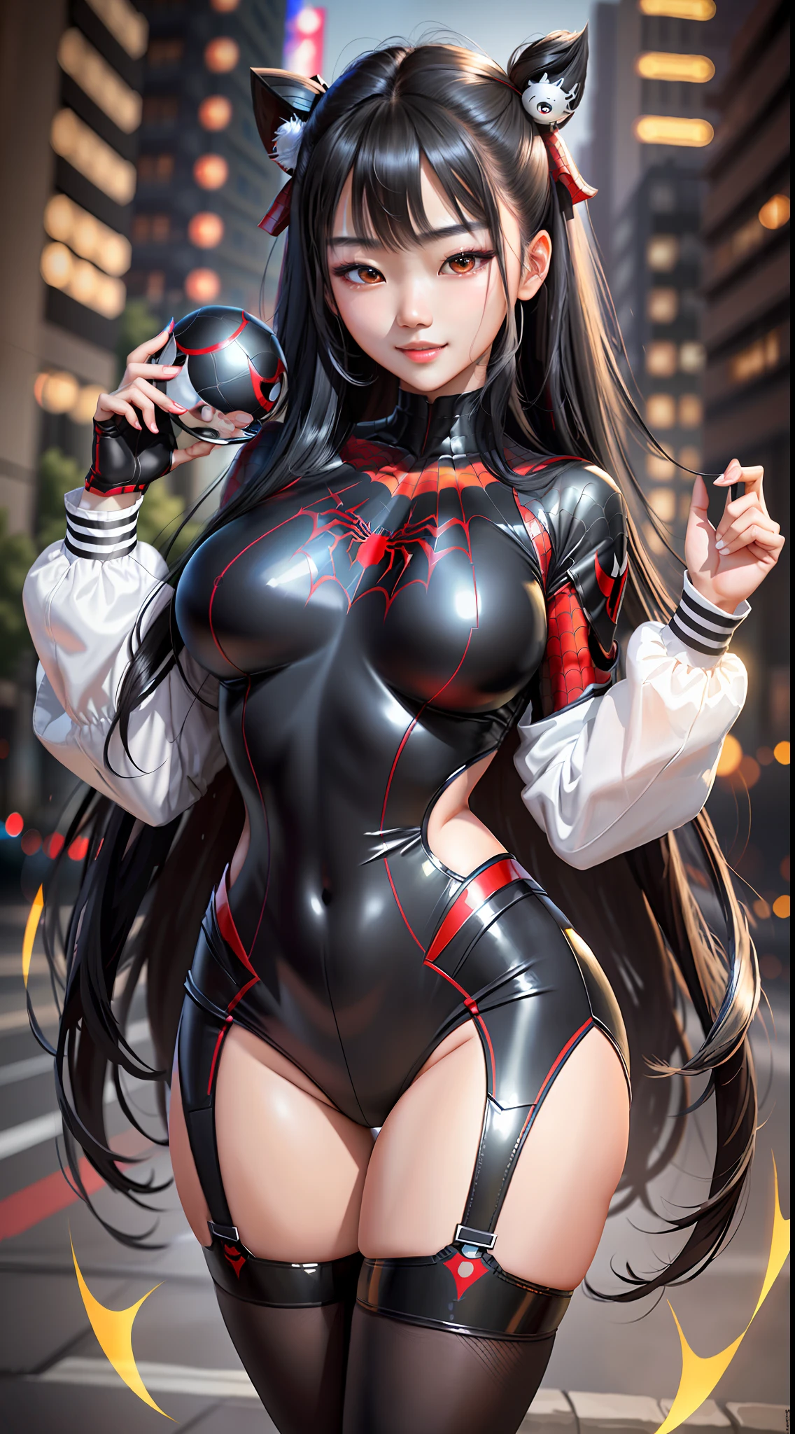 masterpiece, maximum quality, ultra high resolution, 8k, korean girl (extremely beautiful), black hair with lights, full body, very thin, detailed face, detailed eyes, mischievous smile, wide hips, thick thighs, smooth and soft pellet, with Spider-Man clothes