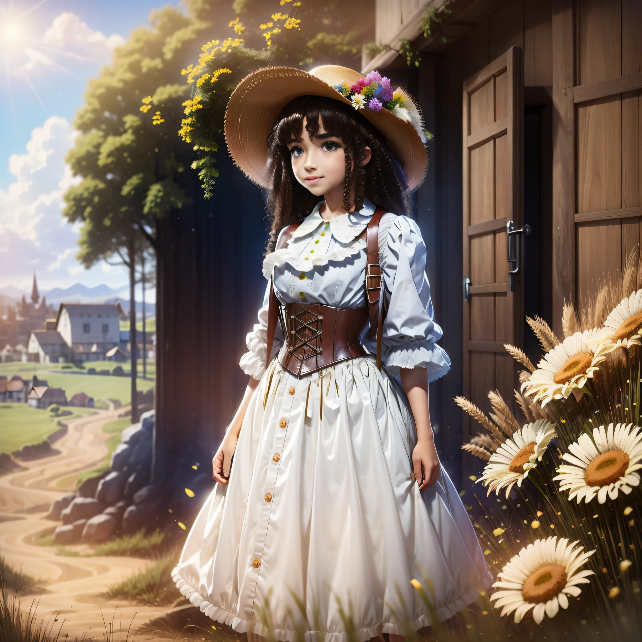 ((camponesa francesa)), a French countryside girl wearing a white blouse, brown corset, green skirt, and straw hat, standing in a wheat field, surrounded by countryside elements such as farm animals, wooden fence, and flowers, with a warm and nostalgic atmosphere, bright and natural lighting, and a soft focus.