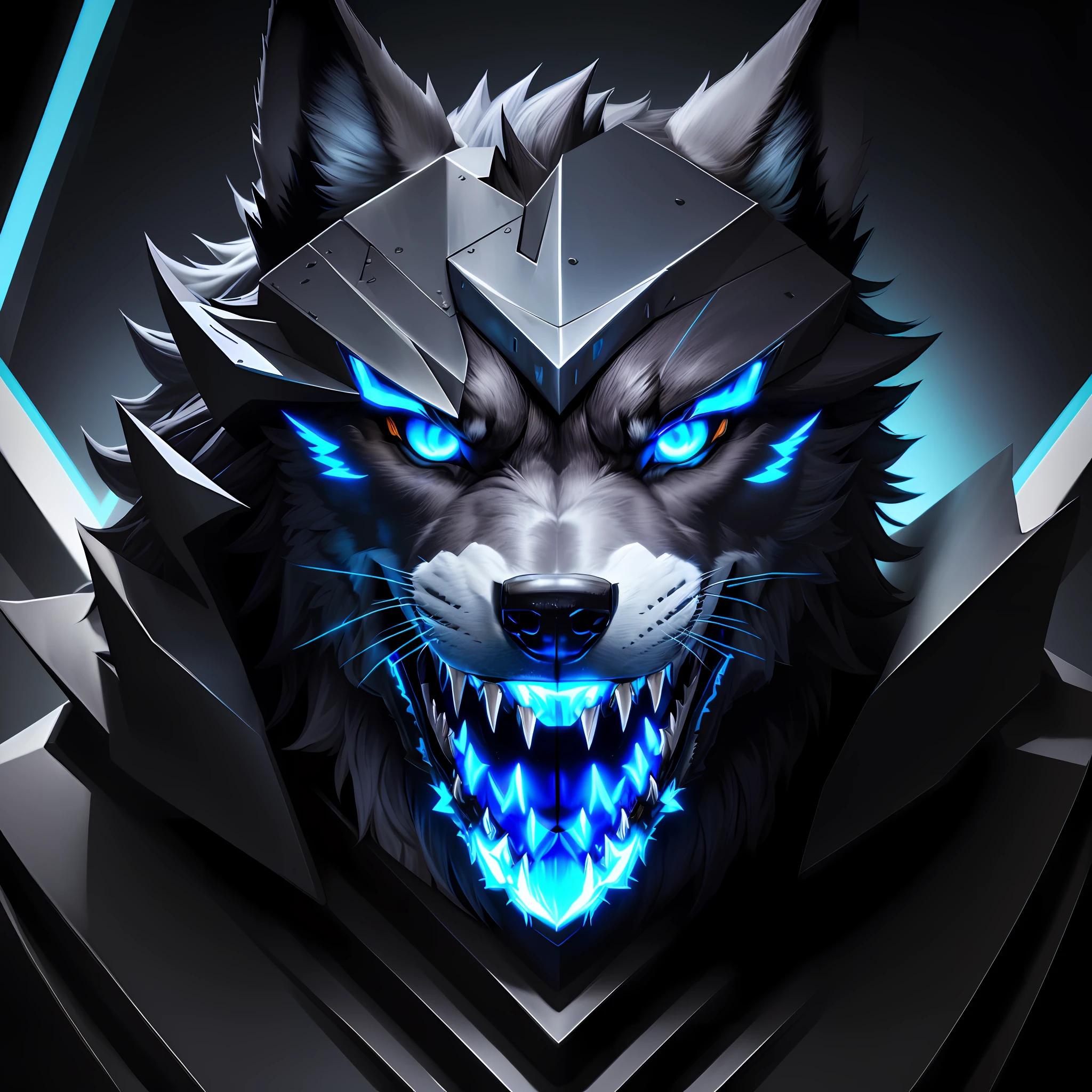 There is a wolf with blue eyes and a black background, alpha wolf head, wolf head, mascot illustration, terrible wolf, esports logo, angiewolf, discord profile picture, wolves, correct wolf muzzle, fenrir, wolf, growling, hyper detailed wolf - such as face, black wolf, big wolf, wolf face anthro, growling, angry 8k