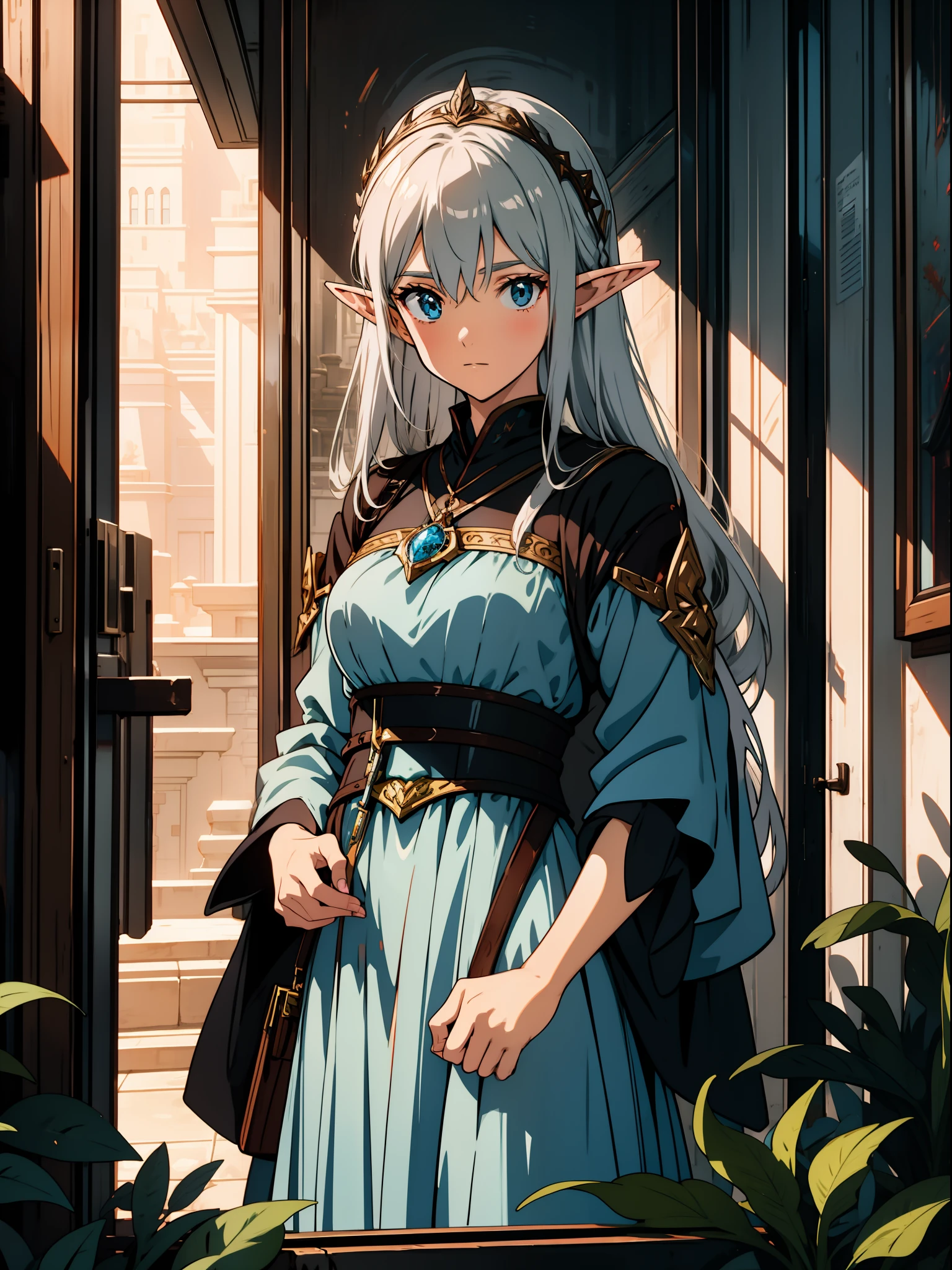 Close up portrait of one girl, elf, silver hair, red eye, fantasy style outfit, exhibition, city, shopping, concept art, official art