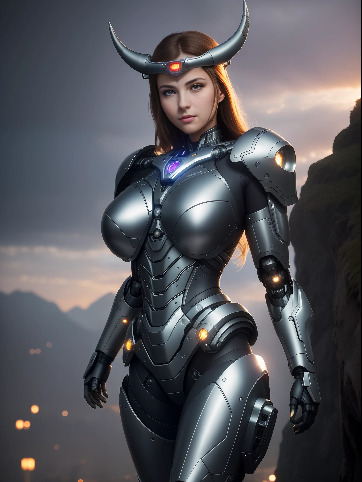 Masterpiece, Best Quality, (Unified Extremely Detailed 8k CG Wallpaper), (Best Quality), (Best Illustration), (Best Shadow), (Powerful Cyborg Girl) with horns, cyborg body, cybernetics, hinges, titanium alloy and plastic, sexy, cute face exudes confidence and courage, huge breasts, wide hips, slim waist, isometric 3D, octane rendering, ultra-detailed, intricate, finely detailed, real photo, 3D realism, fantasy, future, epic, cowboy shooting, a beautiful woman's face, a miracle, a heroic pose, cybernetic armor glitters and shines with a multitude of lights,