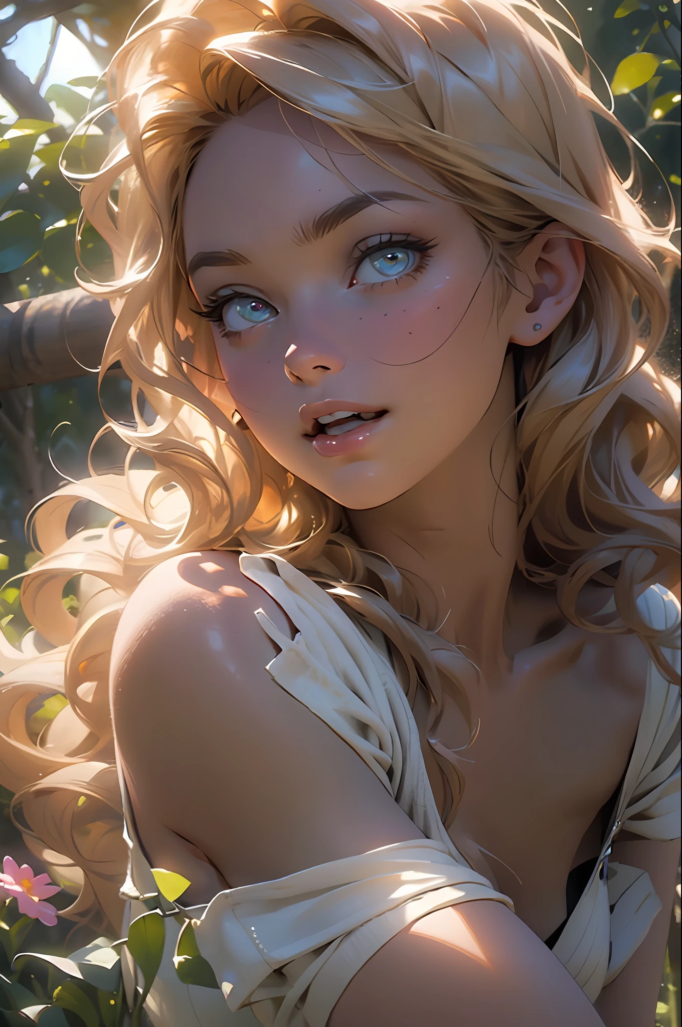melancholy lighting, quiet, calm, brightness, masterpiece, best quality, 1girl, (JinxLol:1.2), (ultra photorealistic:1.3), (masterpiece:1.4), best quality, ((realistic)), high quality, ultra detailed, ((Real image)), ((realistic skin)), ((realistic face)),(illustration:1.05), (beautiful:1.05), (beautiful detailed eyes:1.05), (cinematic light:1.1), Full body, precise proportions, 18-year-old girl, skinny model lying on the grass, surrounding garden, tree shadow, GINGER BLONDIE hair fluttering in the wind, tulle, long legs, slightly open feet, buttocks, blush, shyness, collarbone, abdominals, double weave, beautiful and delicate face, fair skin, real skin, (face detail), pores, super high resolution, 8k, parameters Best quality, masterpiece, super high resolution, (Realistic 2.0), More details, detailed skin, transparent RED panties, wide smile, white teeth, GINGER BLONDIE hair voluminous, perfect and well designed eyes, girlfriend, beautiful, beautiful, flowers, studio lighting