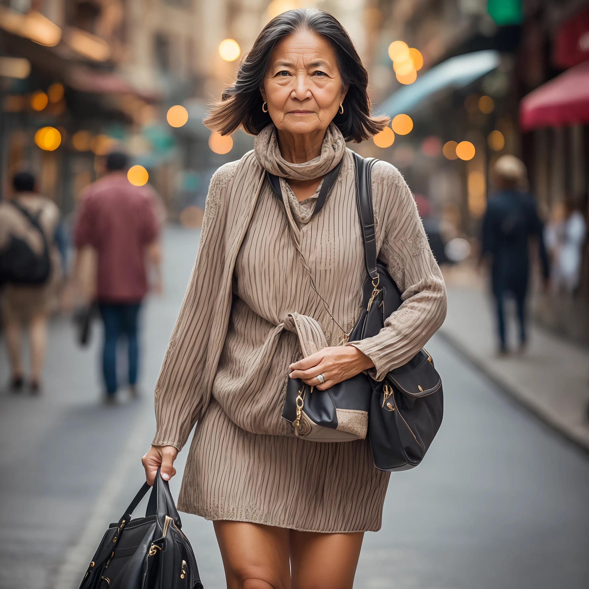 A middle-aged woman walking determinedly down a busy street, with a serious expression and carrying several bags, symbolizing her busy life.
in realism, hyperrealistic photo,very high details,intricate skin details,intricate and beautiful eyes,, professional lighting, high definition, 8k, studio light, dynamic pose, twisted, bass camera, pentax ultra wide angle camera, movement, realistic, looking at camera, bokeh --auto --s2