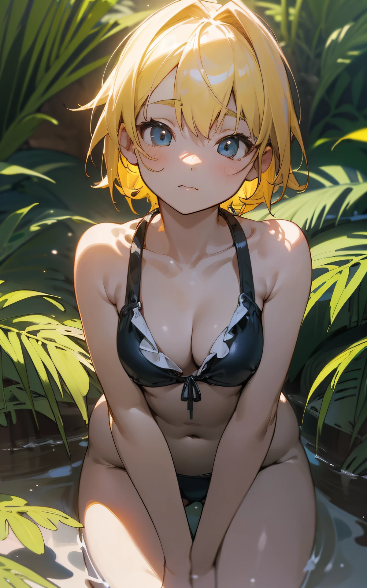 (Original Character、Unity 16K Wallpaper, Masterpiece, Best Quality, Ultra-Detailed, Extremely Detailed CG, Caustics, Cinematic Lighting, Detailed, Beautiful Detailed Eyes, NSFW:1.8, solo、oily skin、cleavage、8yers old), Ultra High Resolution, fine skin, (cute: 1.2, colorful bikini), (strong light),separate swimsuit、outdoors、vivid、coast、all fours、clavicle、 realistic girl、crossed legs、yellow hair,((thick outline、black outline、child figure))