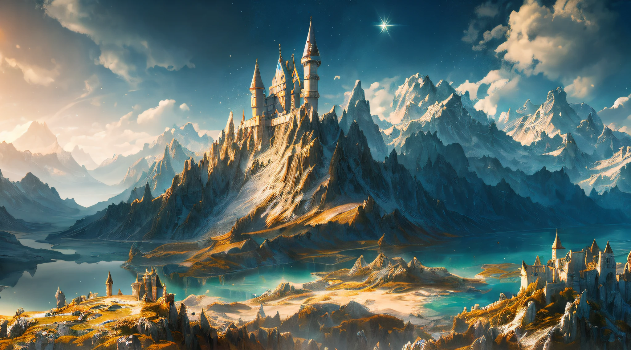 ((masterpiece)), best quality, high quality, ((8k wallpaper of extremely detailed CG unit)), (fantasy),a magical world, castles, tremendous unicorns fly in the sky, huge unicorns, unicorns, magic movie style, harry potter movie style, visualization on the highest mountain, Mono Lake, 3D digital paintings, award-winning photography, Bokeh, depth of field, HDR, flower, chromatic aberration,  Photorealistic, extremely detailed, trend in artstation, trend in CGsociety, intricate, high detail, dramatic, art in the middle of the journey