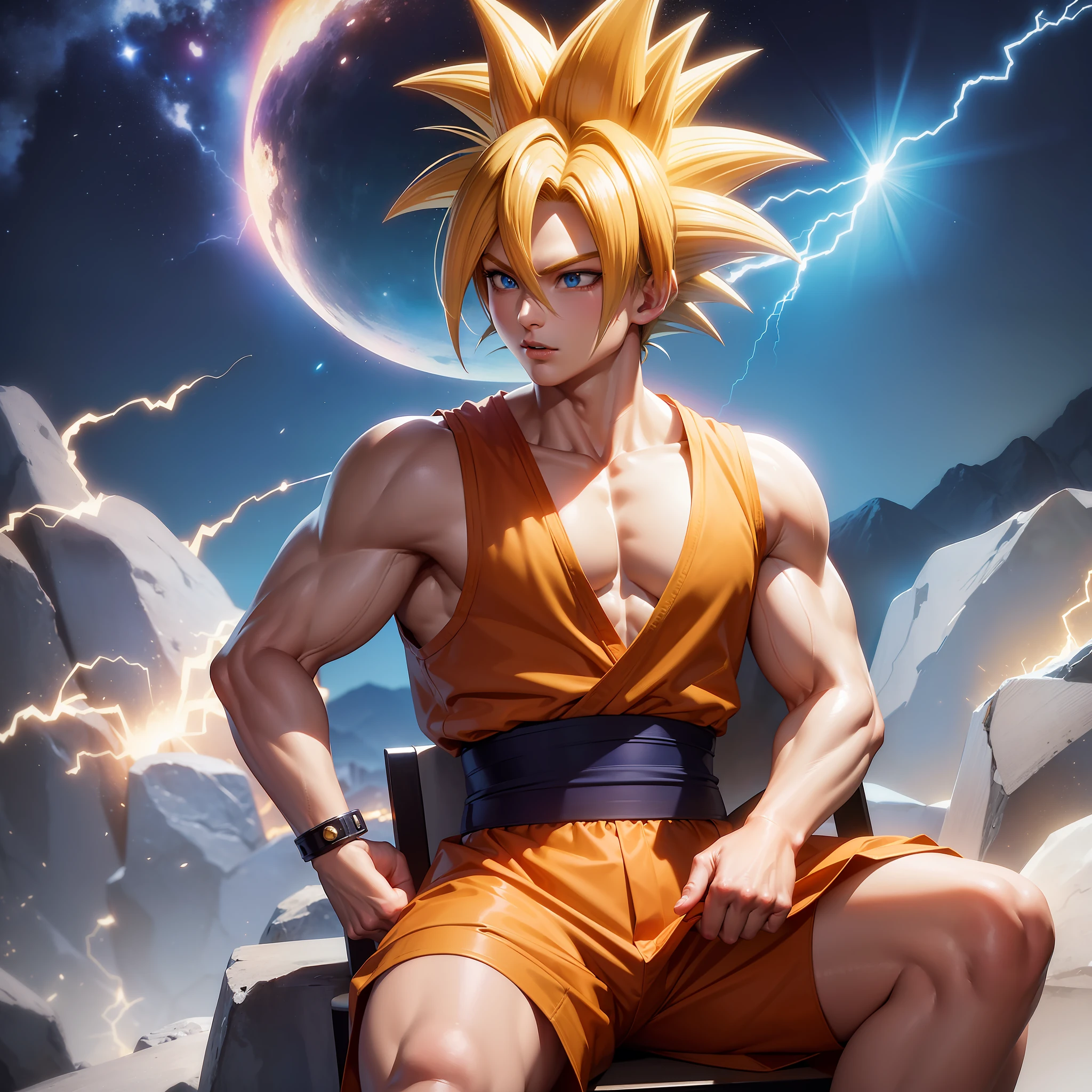 (masterpiece), (best quality), (ultra detailed), (8k),(1man), goku from dragonball, sitting on a chair, singing, a microphone in the hand, super saiyan, soft anime eyes, blue eyes, no face hair, blonde, spiky hair, hair up, dumb, muscolar, powerful yellow aura, lightning around.
