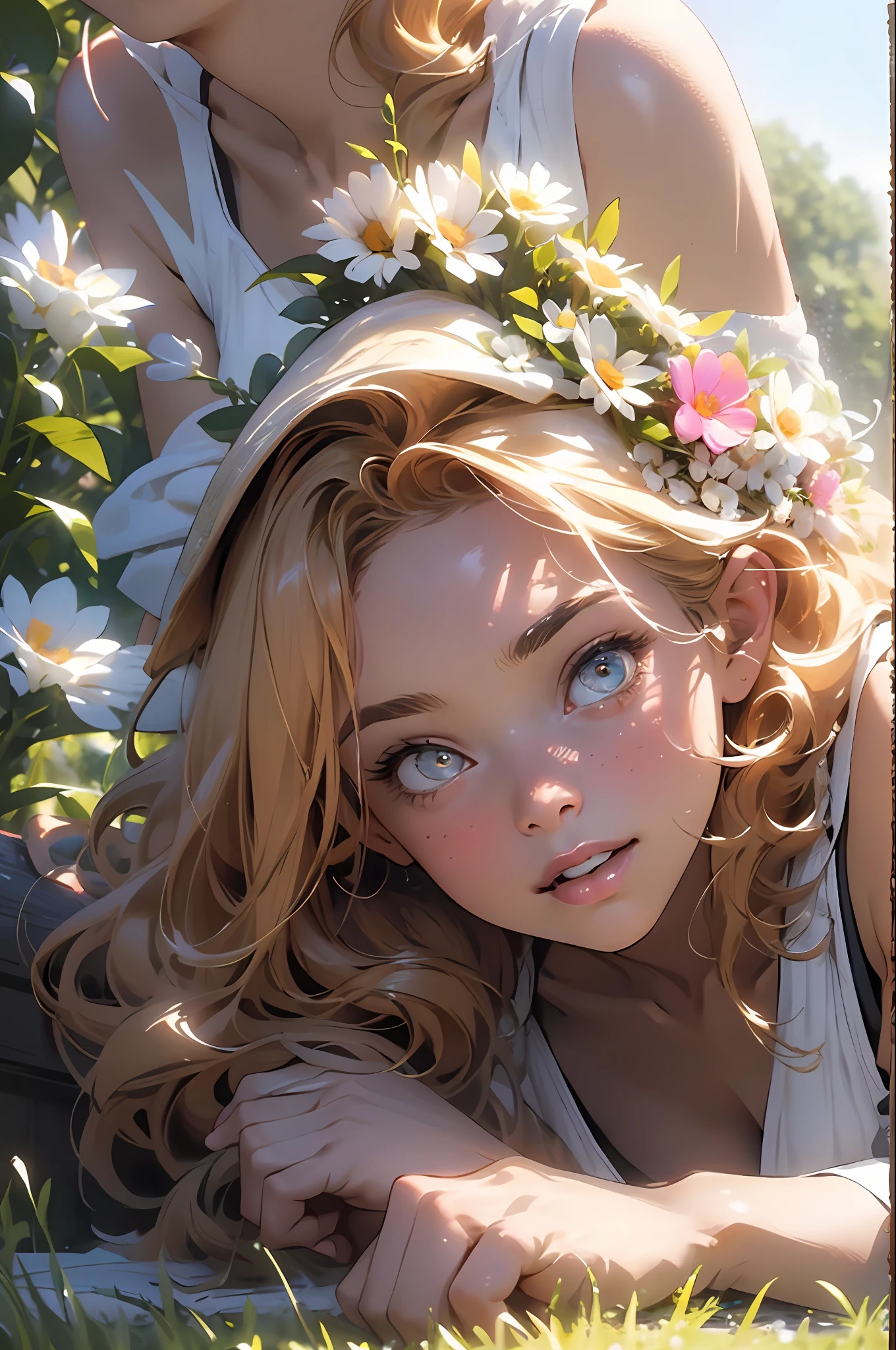 melancholy lighting, quiet, calm, brightness, masterpiece, best quality, 1girl, (JinxLol:1.2), (ultra photorealistic:1.3), (masterpiece:1.4), best quality, ((realistic)), high quality, ultra detailed, ((Real image)), ((realistic skin)), ((realistic face)),(illustration:1.05), (beautiful:1.05), (beautiful detailed eyes:1.05), (cinematic light:1.1), Full body, precise proportions, 18-year-old girl, skinny model lying on the grass, surrounding garden,  tree shadow, GINGER BLONDIE hair fluttering in the wind, tulle, long legs, slightly open feet, buttocks, blush, shyness, collarbone, abdominals, double weave, beautiful and delicate face, fair skin, real skin, (face detail), pores, super high resolution, 8k, parameters Best quality, masterpiece, super high resolution, (Realistic 2.0), More details, detailed skin, transparent RED panties, wide smile, white teeth,  GINGER BLONDIE hair voluminous, perfect and well designed eyes, girlfriend, beautiful, beautiful, flowers, studio lighting