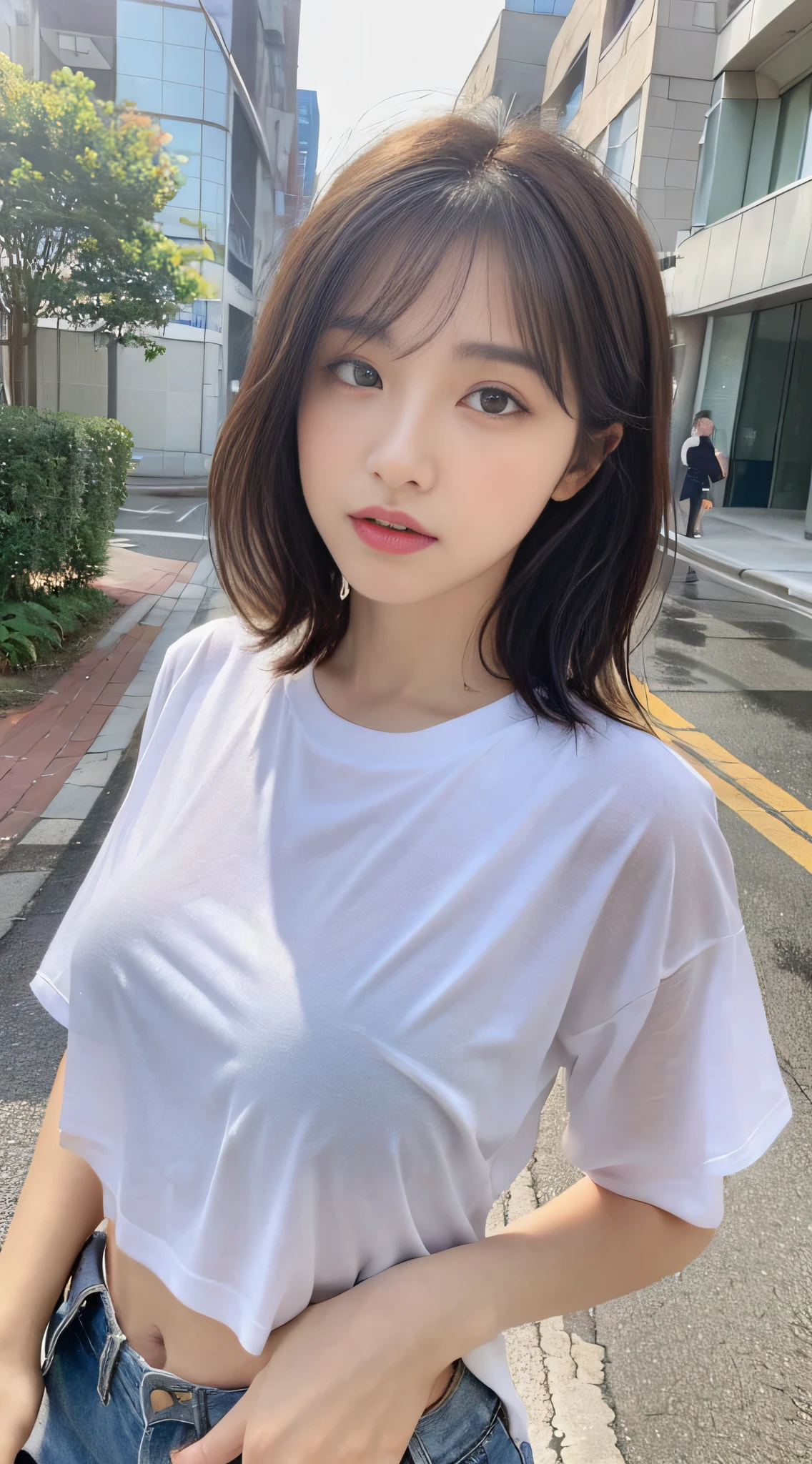 ((Best Quality, 8k, Masterpiece: 1.3)), Focus: 1.2, Perfect Body Beauty: 1.4, Buttocks: 1.2, ((Layered Haircut, Breasts: 1.2)), (Wet Clothes: 1.1) , (Rain, Street:1.3), Sweet T-shirt: 1.1, Navel Exposed, Highly Detailed Face and Skin Texture, Delicate Eyes, Double Eyelids, Whitened Skin, Long Hair