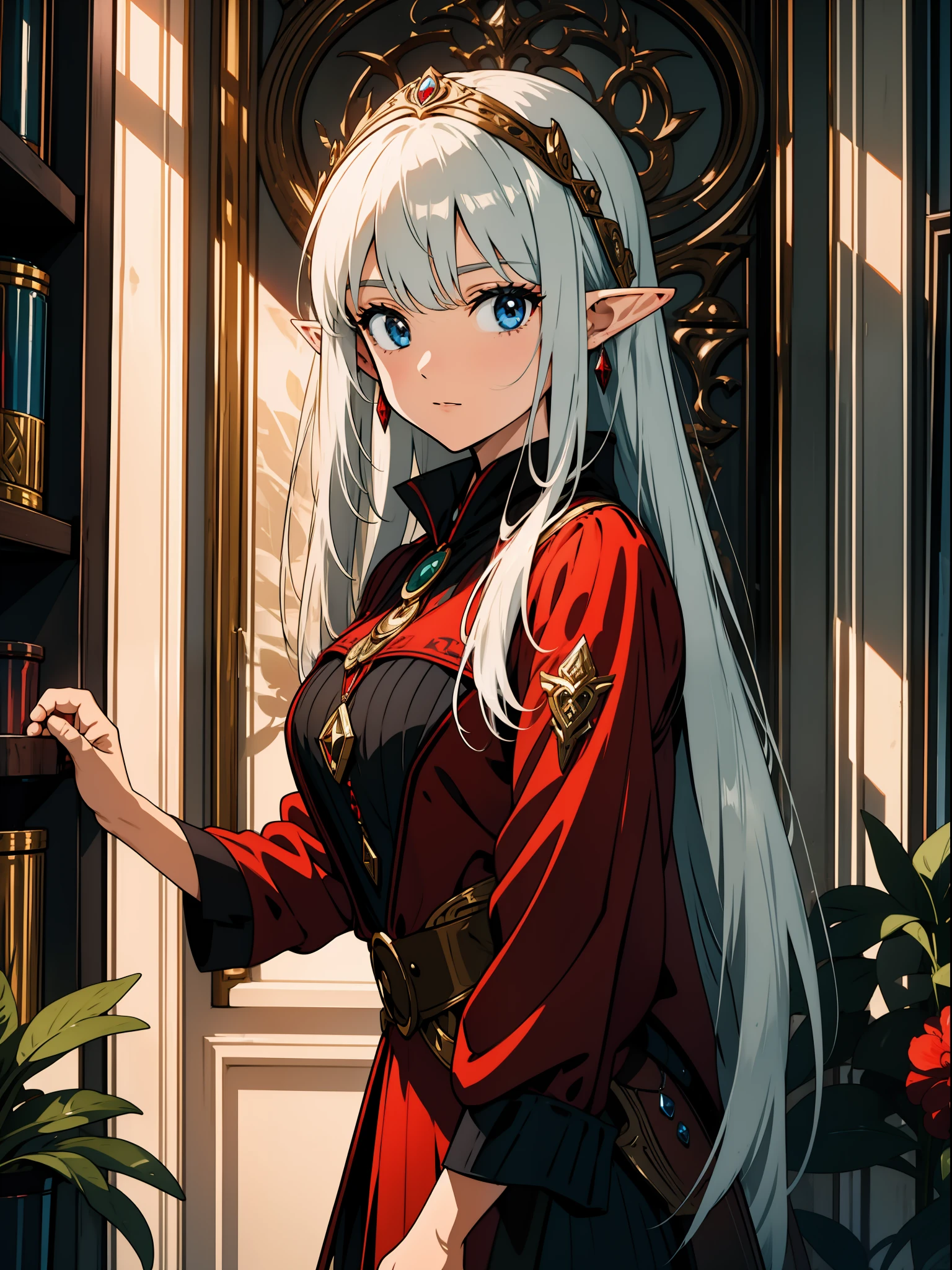 Close up portrait of one girl, elf, silver hair, red eye, fantasy style outfit, exhibition, city, shopping, concept art, official art