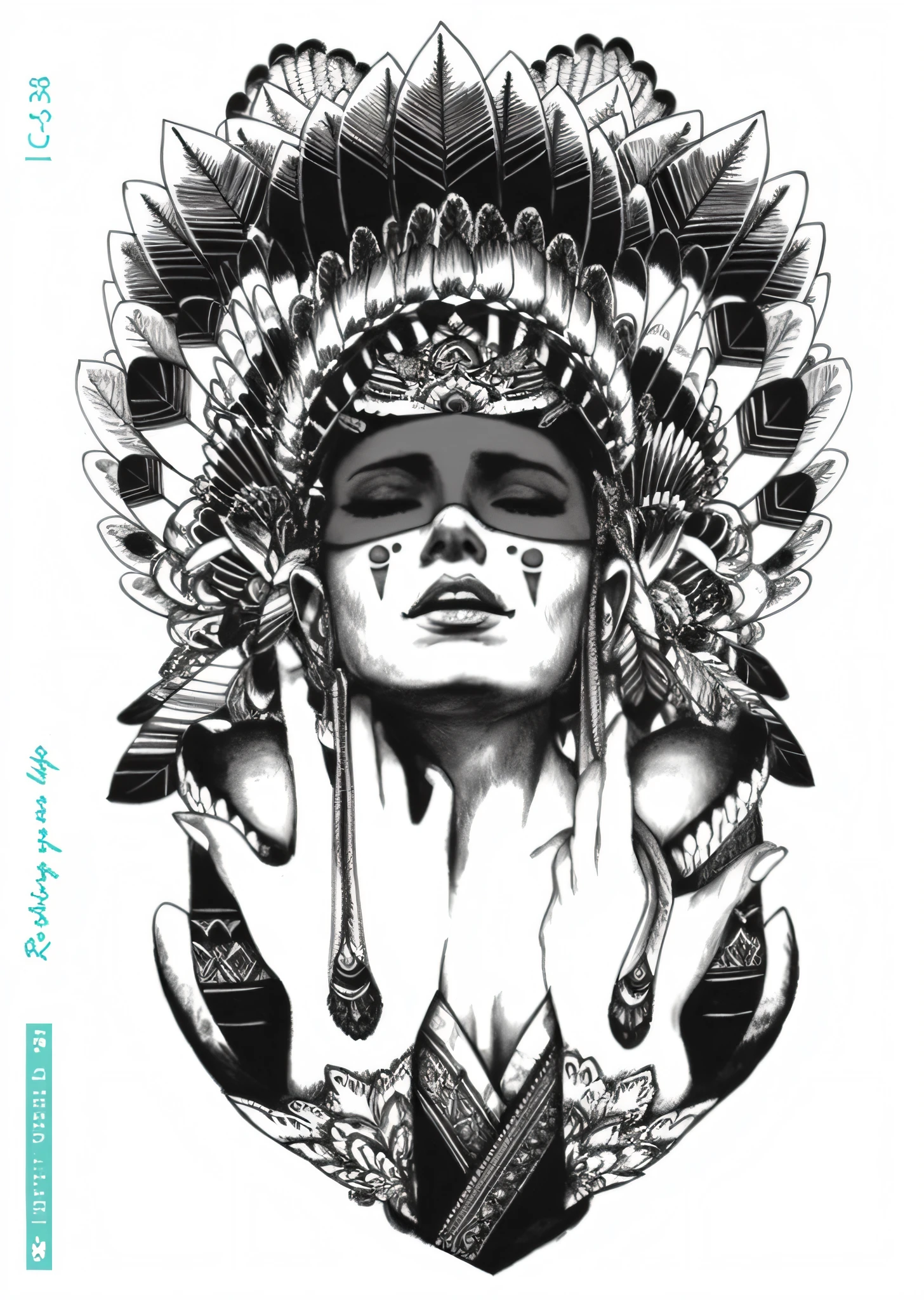 a black and white drawing of a woman with feathers on her head, art cover illustration, inspired by Apollonia Saintclair, bold intricate ink illustration, realism tattoo design, realism tattoo drawing, elaborate ink illustration, detailed cover artwork, indian ink, art cover, intricate ink illustration, art of alessandro pautasso, ink artwork, inspired by Dan Hillier