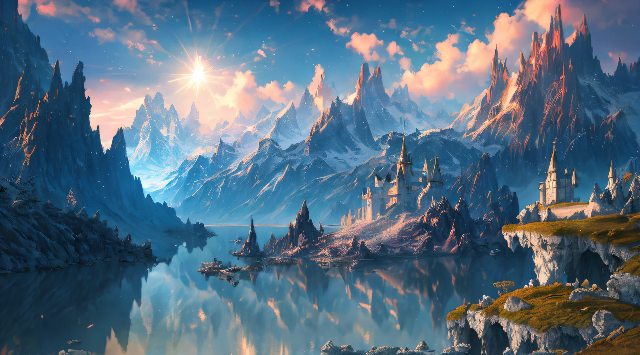 ((masterpiece)), best quality, high quality, ((8k wallpaper of extremely detailed CG unit)), (fantasy),a magical world, castles, tremendous unicorns fly in the sky, huge unicorns, unicorns, magic movie style, harry potter movie style, visualization on the highest mountain, Mono Lake, 3D digital paintings, award-winning photography, Bokeh, depth of field, HDR, flower, chromatic aberration, Photorealistic, extremely detailed, trend in artstation, trend in CGsociety, intricate, high detail, dramatic, art in the middle of the journey