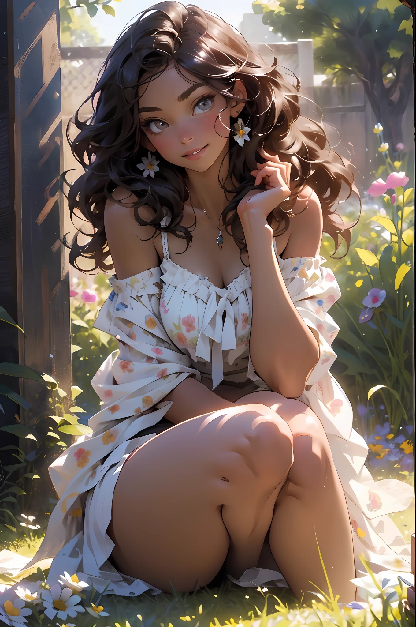 melancholy lighting, quiet, calm, brightness, masterpiece, best quality, 1girl, (JinxLol:1.2), (ultra photorealistic:1.3), (masterpiece:1.4), best quality, ((realistic)), high quality, ultra detailed, ((Real image)), ((realistic skin)), ((realistic face)),(illustration:1.05), (beautiful:1.05), (beautiful detailed eyes:1.05), (cinematic light:1.1), Full body, precise proportions, 18-year-old girl, skinny model lying on the grass, surrounding garden, tree shadow, DARK hair fluttering in the wind, tulle, long legs, slightly open feet, buttocks, blush, shyness, collarbone, abdominals, double weave, beautiful and delicate face, fair skin, real skin, (face detail), pores, super high resolution, 8k, parameters Best quality, masterpiece, super high resolution, (Realistic 2.0), More details, detailed skin, no panties, wide smile, white teeth, voluminous DARK curly hair, perfect and well designed eyes, girlfriend, beautiful, beautiful, flowers, studio lighting