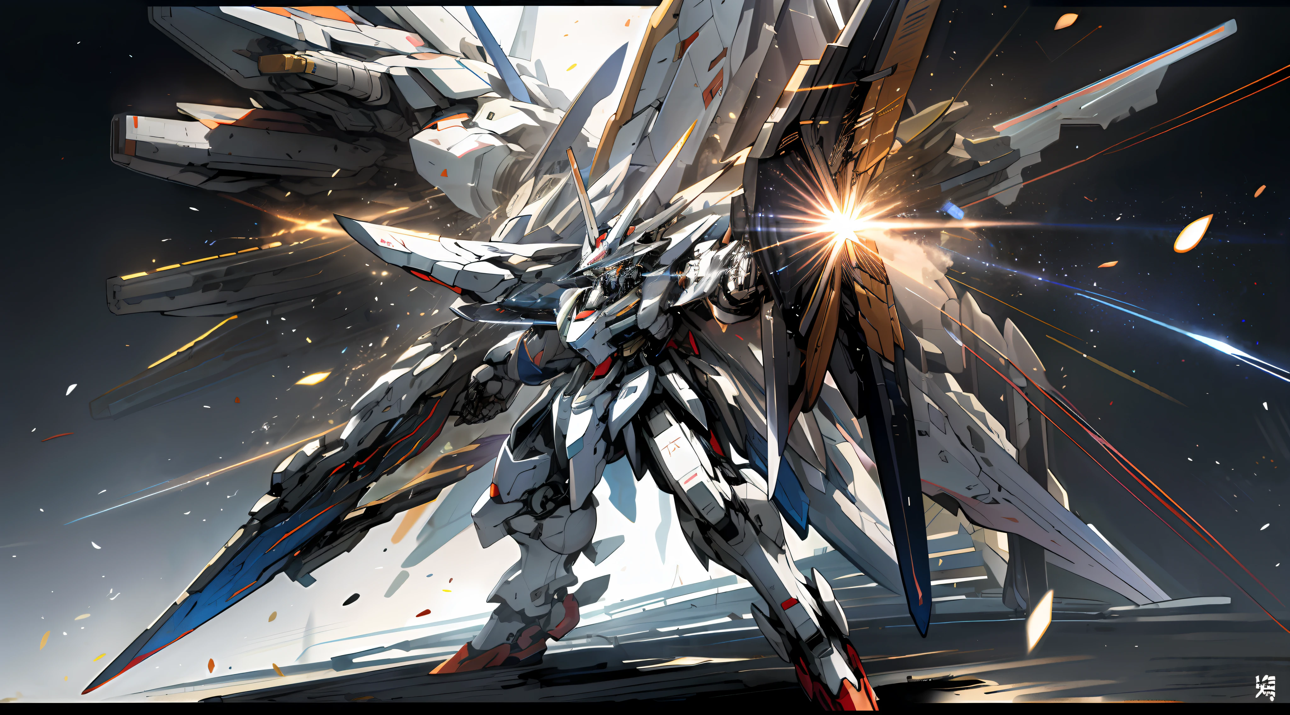 Surrealism, ray tracing, UHD, high details, 8k, best quality, textured skin, (1 Gundam mech), mecha dragon, masterpiece, best quality, mecha, unmanned, (full body), (white mech: 1.5), (axisymmetry: 1.4), (HDR), (movie light: 1.1), white eyes, cool, science fiction, fire, laser cannon beam, war, conflict, a spaceship mecha in background , (holding huge weapons: 1.5), holding oversized shields, mecha men, vector