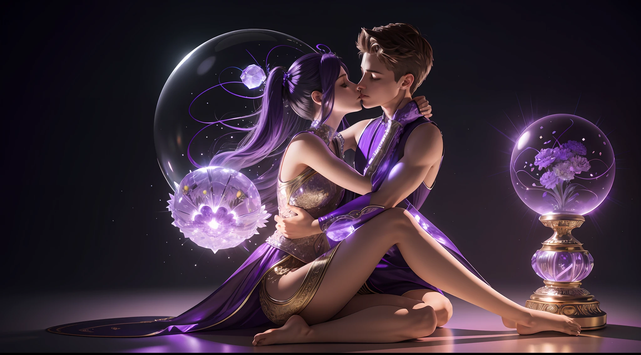 Incredible and spectacular scenes, ((high quality)), ((detailed)), ((fantasy)), "purple plasma brain, purple plasma body, realistic, best quality, 4K, flowers and crystal balls trapped in blisters on top realistic, (handsome teenager and beautiful girl hugging and kissing), full body portrait", image quality (3D rendering effect) , exquisite details,