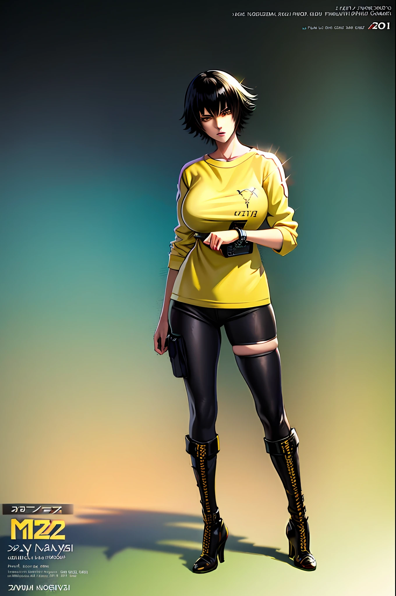 Anime girl with black hair and yellow shirt of the Brazilian national team, Lady, dmc, devil may cry,in an anime style, digital anime illustration, in anime style, anime art style, anime style illustration, anime style portrait, anime style 2022, 2 0 2 2 anime style, official art, official art, anime style character