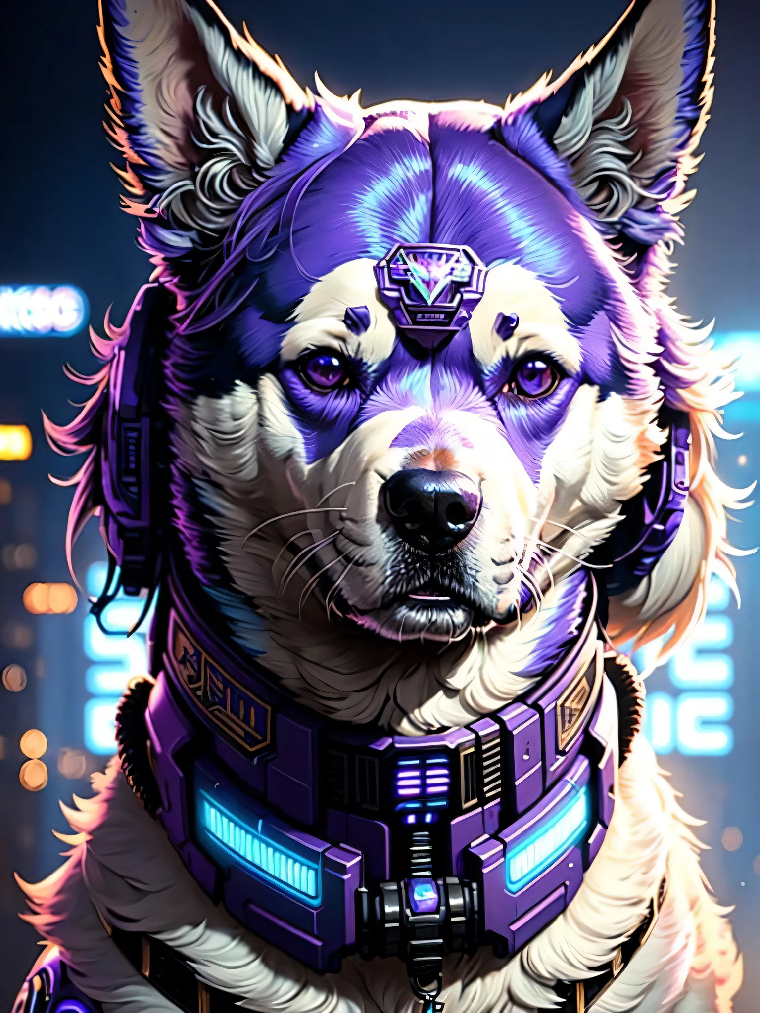 a beautiful portrait of a cute cyberpunk dog by sandra chevrier and greg rutkowski and wlop, purple blue color scheme, high key lighting, volumetric light, digital art, highly detailed, fine detail, intricate, ornate, complex, octane render, unreal engine, photorealistic