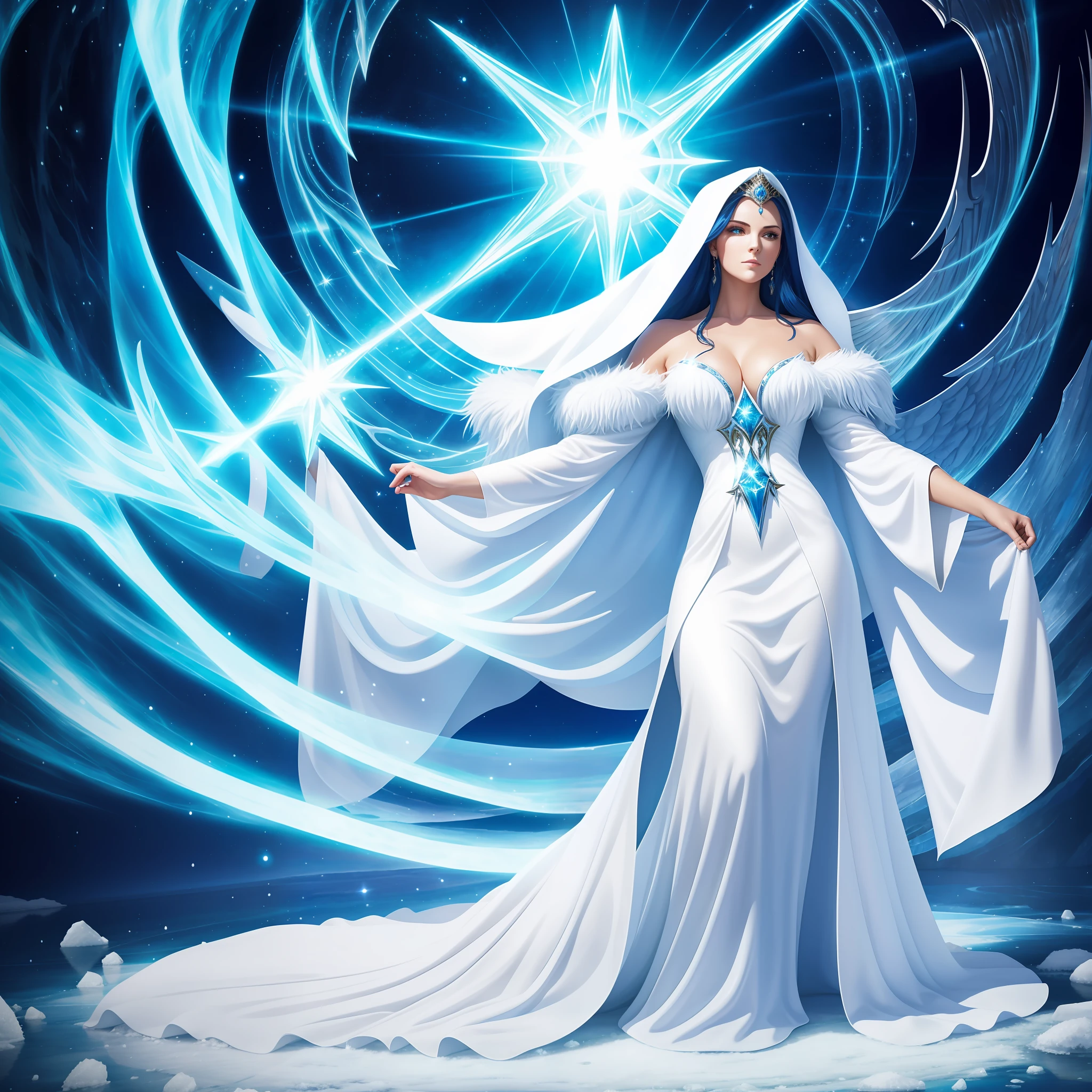 The highest quality, realism, ultra-mega-masterpiece, fantasy, powerful sorceress in a white robe, blue dress, white fur, closed body, frost, ice, rays of light, mystery, magic.