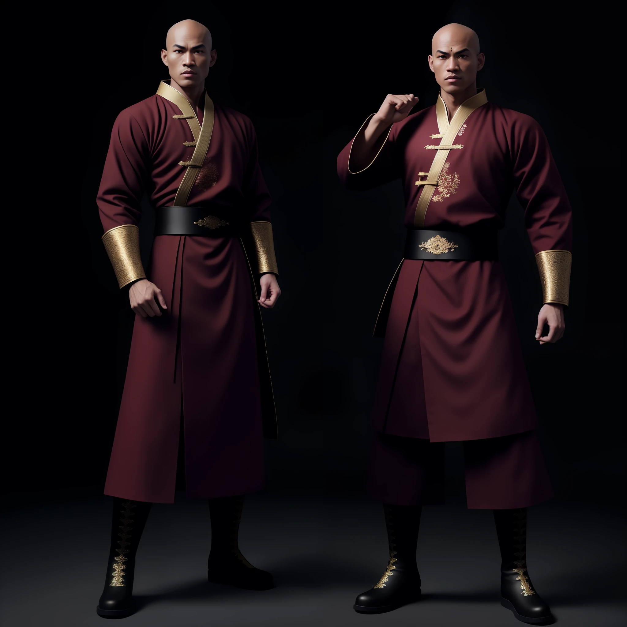 only 1 monk, monk facing camera, full body, perfect anatomy, ((perfect hands)), detailed intricate, costume, detailed dress, intricate dress, embroidered clothing, martial arts, rage, hd, 8k, ((shaolin)), ((monk)), warrior, artstation, powerful, realistic, art, masterpiece, standing, facing camera, facing front, looking forward, without weapons, with anatomically perfect hands, hands on the side of the body, Master Abbot, brown skin, black skin, brown eyes, costume in the lightest colors- black pants, red sash, green windbreaker, golden details, wearing black boots white details, minimalist clean background. (perfect body proportion), ((hand with five perfect fingers)), (perfect anatomy),(bald) hyper-realistic, 8k, mystical, brutal, fight, berserk, anger, hd, 8k, soft lighting, white background, high quality, maximum quality, flawless