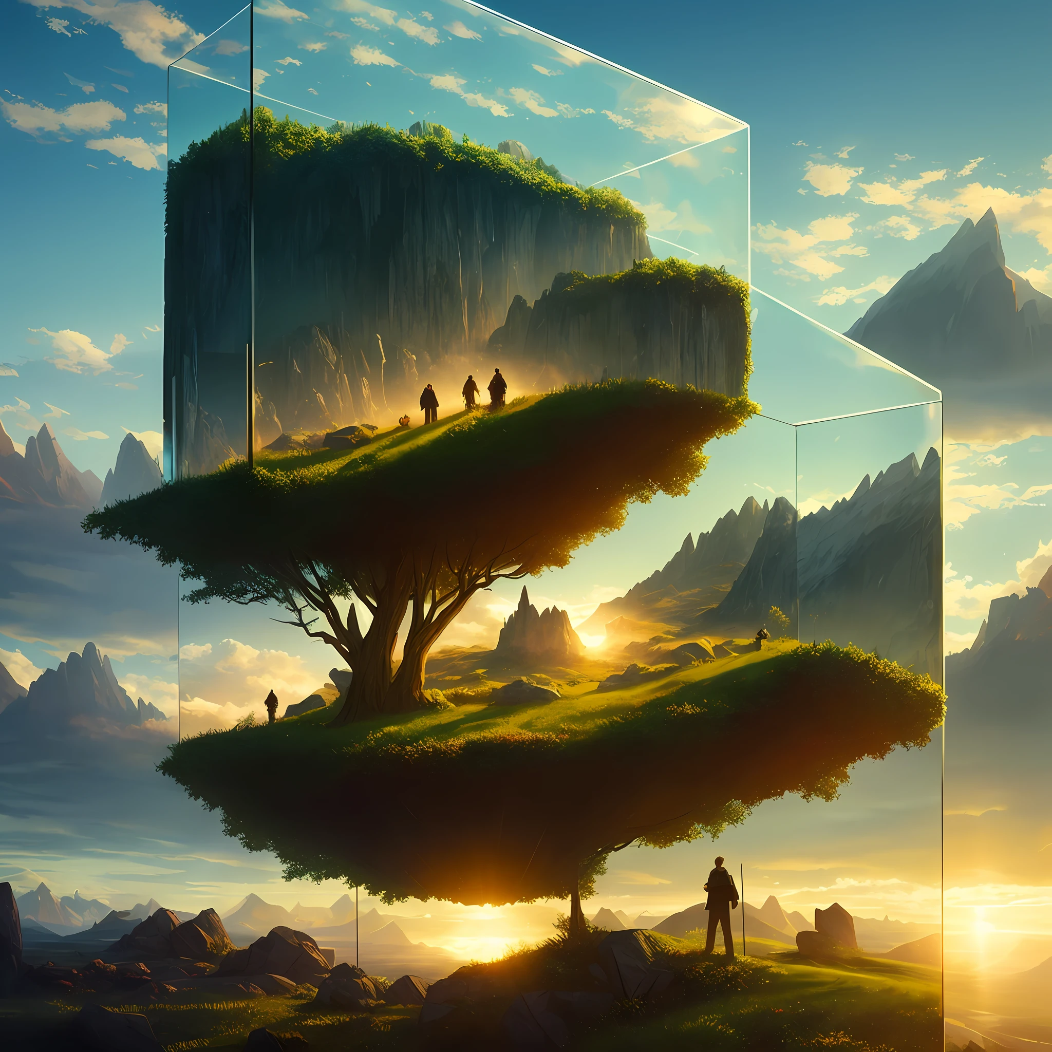 cinematic universe inside of a glass cube, sharp focus, concept art, very detailed, very realistic, trending on artstation, in the style of ALBERT BIERSTADT
