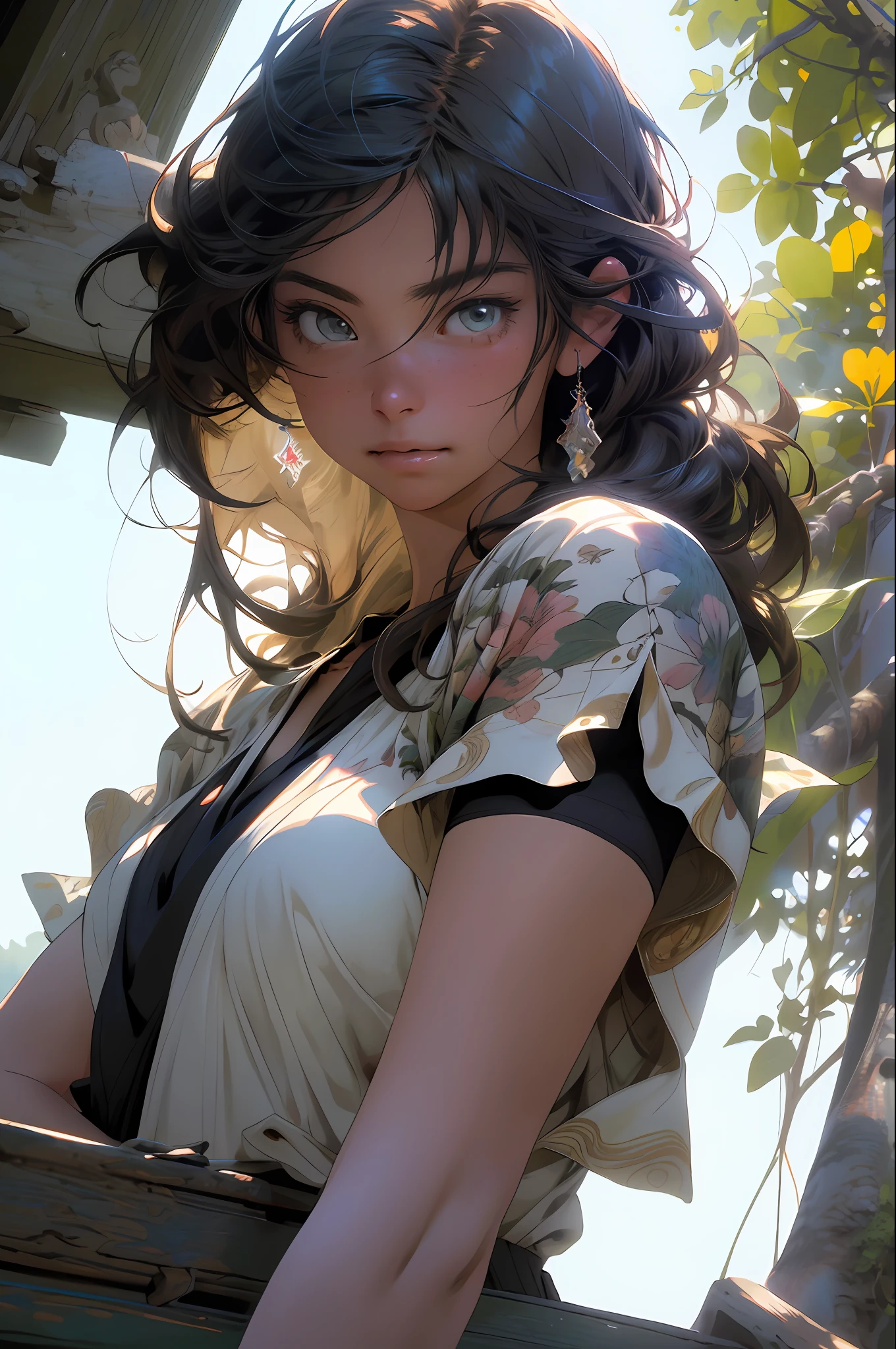 (RAW photo, best quality), (realistic, photo-realistic:1.3),best quality,highly detailed,masterpiece,ultra-detailed,illustration,1girl,upper_body,dynamic angle,world masterpiece theater,messy_long_hair,best quality,extremely detailed CG unity 8k wallpaper,ink,Amazing,cinematic lighting,lens_flare, dunhuang_style