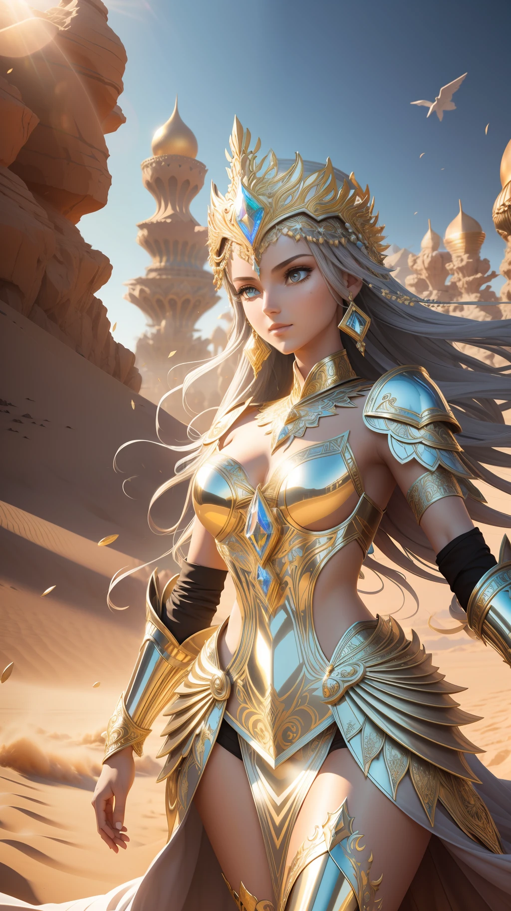 award winning concept art of tall (1girl:1.2) in silver shiny ornate armor dancing in desert, epic, god rays, centered, (masterpiece:1.2), (best quality:1.2), Amazing, highly detailed, beautiful, finely detail, warm soft color grading, Depth of field, extremely detailed 8k, fine art, stunning, iridescent, shiny, light reflections, crisp, curls, wind, sandstorm, vibrant, sunlit, edge detection, skin blemishes