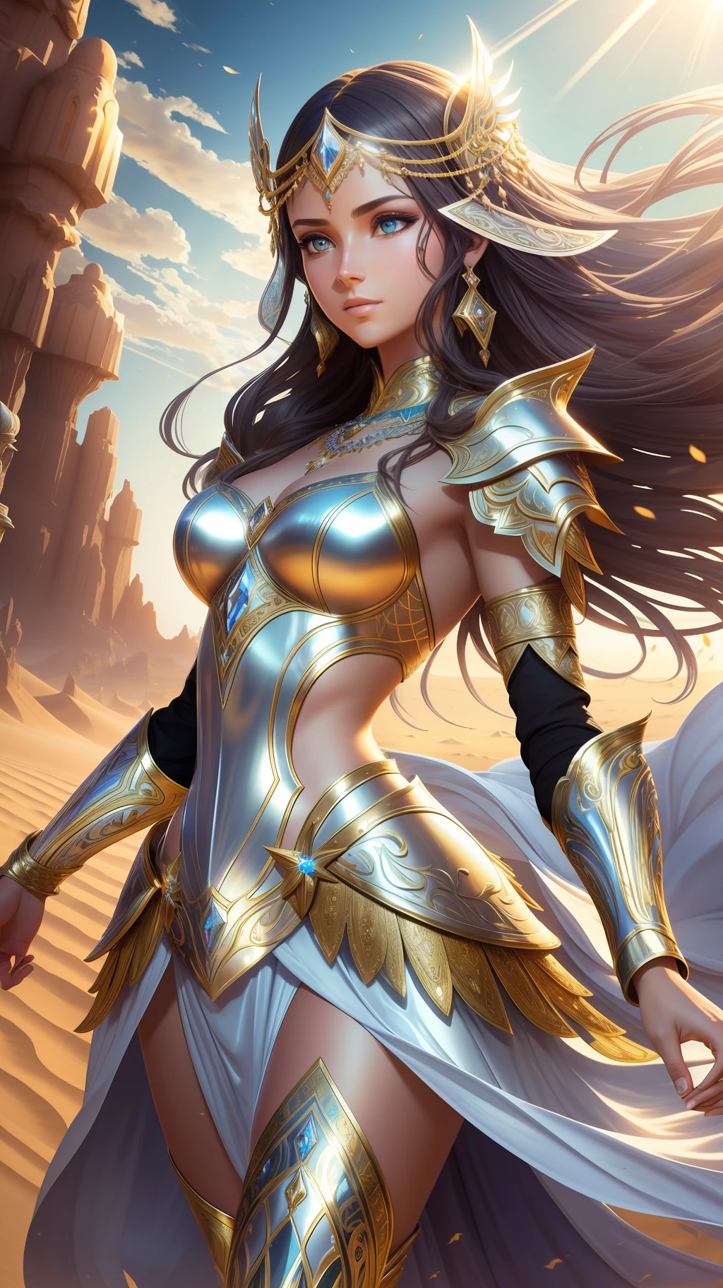 award winning concept art of tall (1girl:1.2) in silver shiny ornate armor dancing in desert, epic, god rays, centered, (masterpiece:1.2), (best quality:1.2), Amazing, highly detailed, beautiful, finely detail, warm soft color grading, Depth of field, extremely detailed 8k, fine art, stunning, iridescent, shiny, light reflections, crisp, curls, wind, sandstorm, vibrant, sunlit, edge detection, skin blemishes