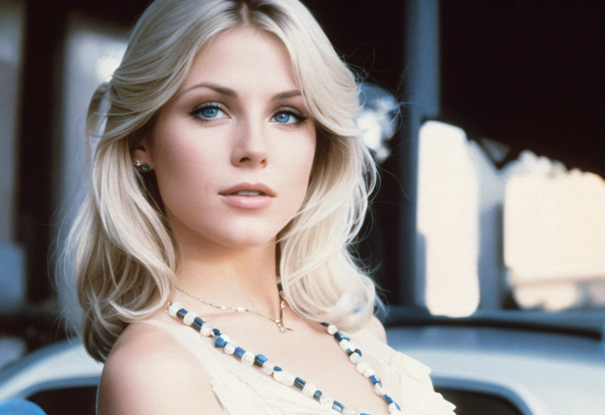 blond woman with blue eyes and a necklace standing in front of a car, linda wilder, olivia newton-john, angie glocka, year 2 3 0 0, seventies cinestill, inspired by Andrew Boog Faithfull, in the film excalibur 1 9 8 0, 1 9 7 0 s film, seventies, 1979