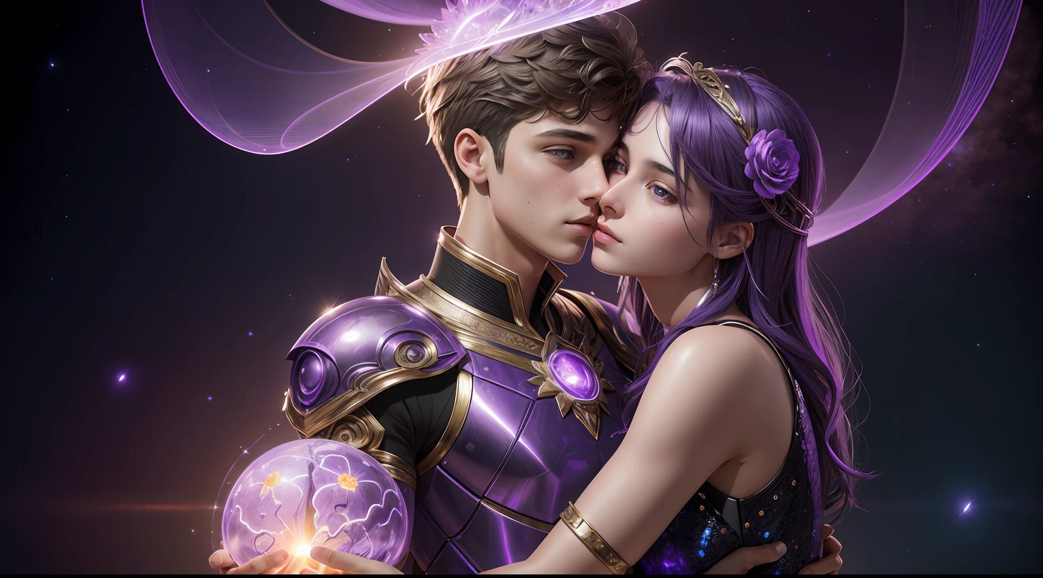 Incredible and spectacular scenes, ((high quality)), ((detailed)), ((fantasy)), "purple plasma brain, purple plasma body, realistic, best quality, 4K, flowers trapped in blisters at the top realistic, (handsome teenager and beautiful girl hugging and kissing), full body portrait", image quality (3D rendering effect) , exquisite details,