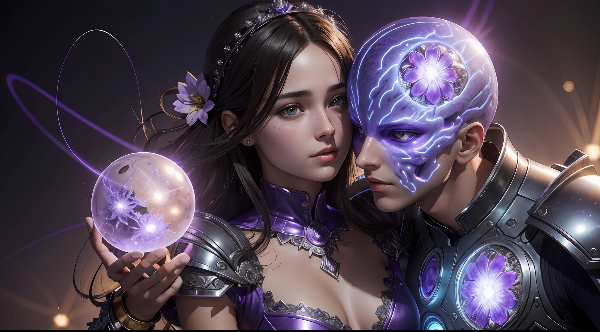 Incredible and spectacular scenes, ((high quality)), ((detailed)), ((fantasy)), "purple plasma brain, purple plasma body, realistic, best quality, 4K, flowers trapped in blisters at the top realistic, (handsome teenager and beautiful girl hugging and kissing), full body portrait", image quality (3D rendering effect) , exquisite details,