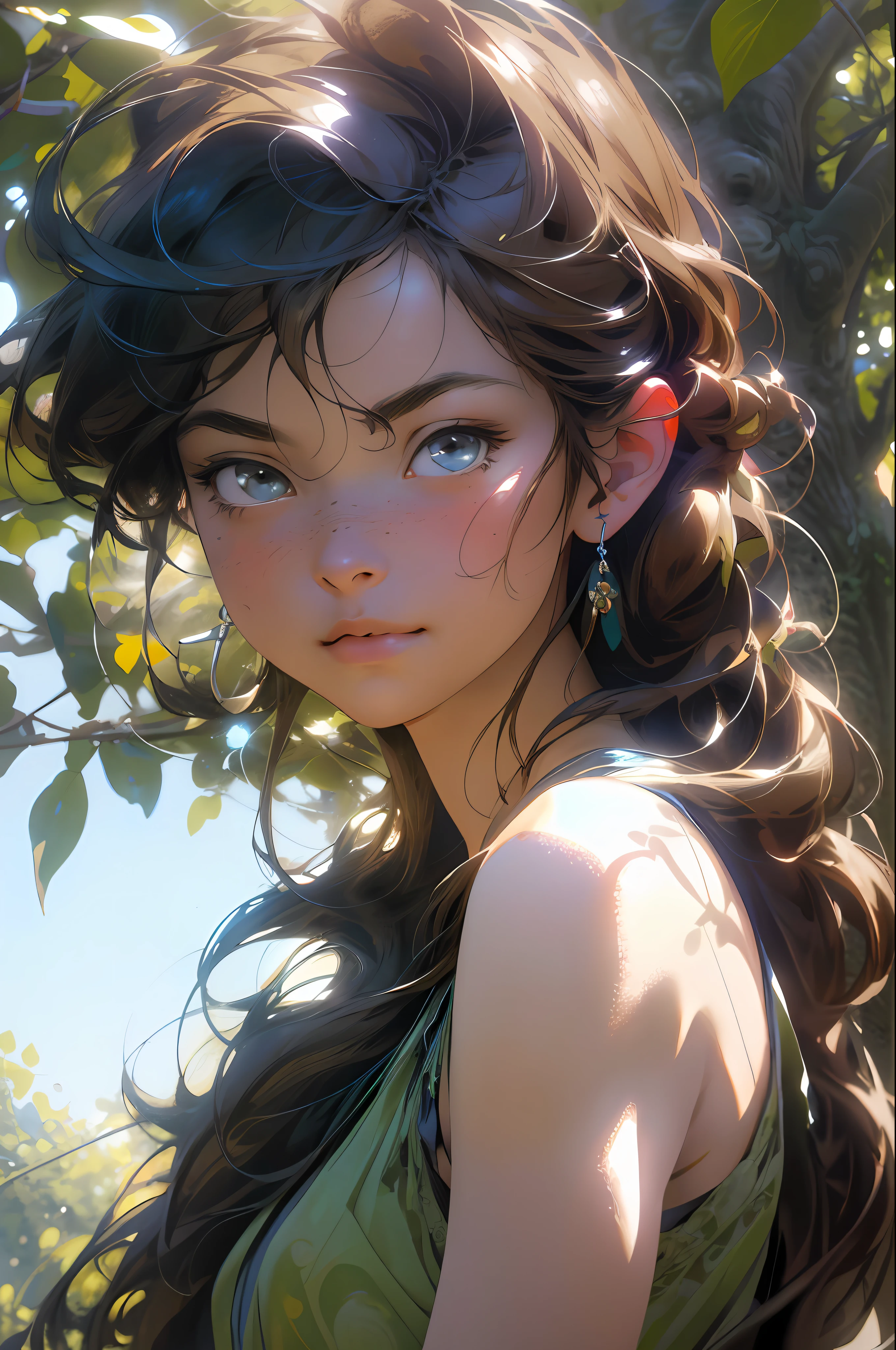 (RAW photo, best quality), (realistic, photo-realistic:1.3),best quality,highly detailed,masterpiece,ultra-detailed,illustration,1girl,upper_body,dynamic angle,world masterpiece theater,messy_long_hair,best quality,extremely detailed CG unity 8k wallpaper,ink,Amazing,cinematic lighting,lens_flare, dunhuang_style