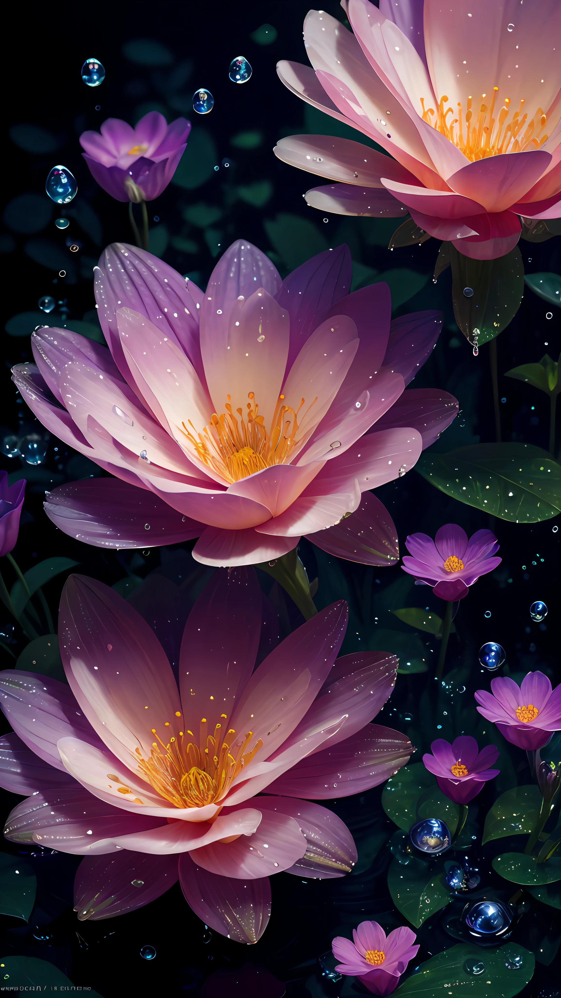8k resolution, Gothic deviation art, complementary colors, soft cinematic light, soft light shining on flowers, HDR, ultra-detailed complex flower and water drop themed art with a sense of detail. Flower petals and water droplets glow to reveal a dreamy intricate style.