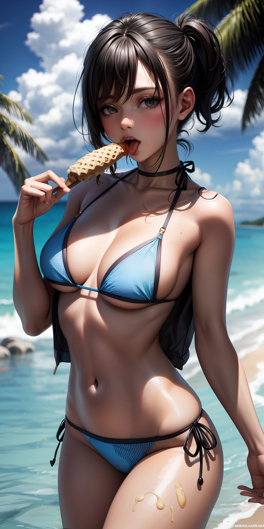 realistic, girl 1 wide open, ice cream licking, bikini, sexy