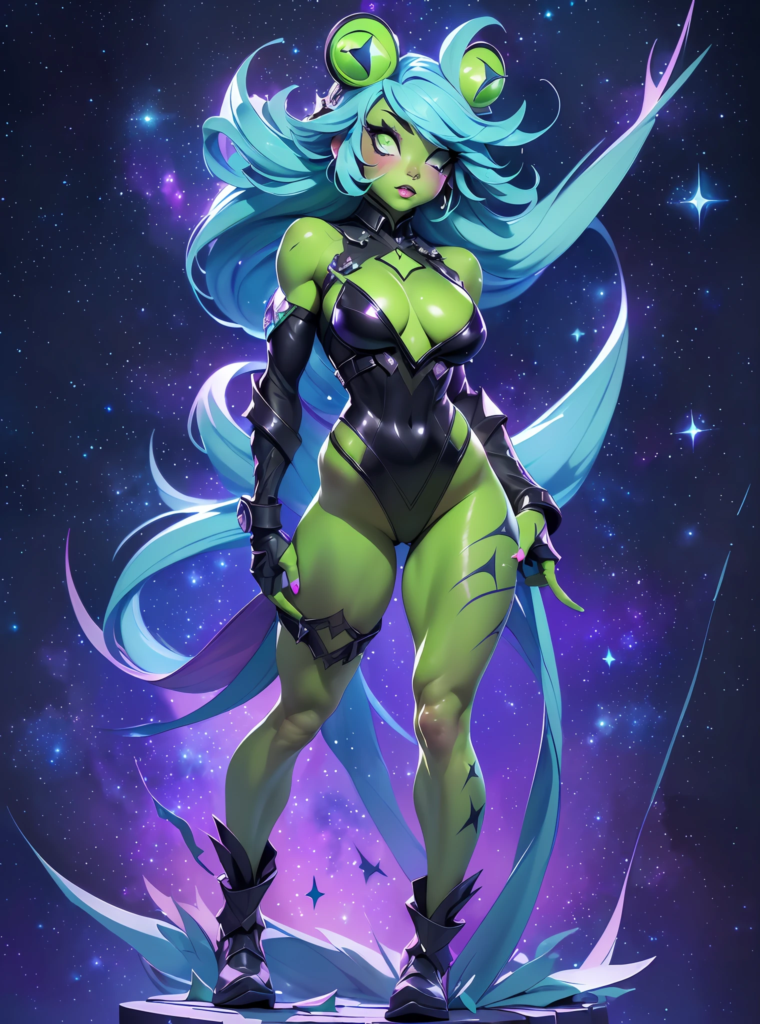 ((Best Quality)), ((Masterpiece)), ((Realistic)) and watercolor drawing of a frog-girl (full body) with goth colors. She has ((starlight hair)), wears a (small black micro-thong:star motif ) , ((beautiful and aesthetic)), muscular fit body abs, sexy, under-boobs, hot, (star filled sky background) (clear background:1.35), (particles ,firefly, blue glowing):1.3,