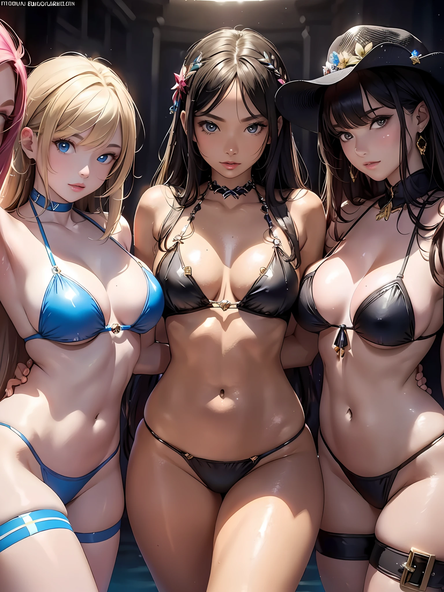 8k,masterpiece, bset quality,big, (3girl), shiny skin, shiny big, ((best quality)), bikini, colorful, group photo, clear focus: 1.2, highly detailed face and skin texture, detailed eyes, Caucasian,