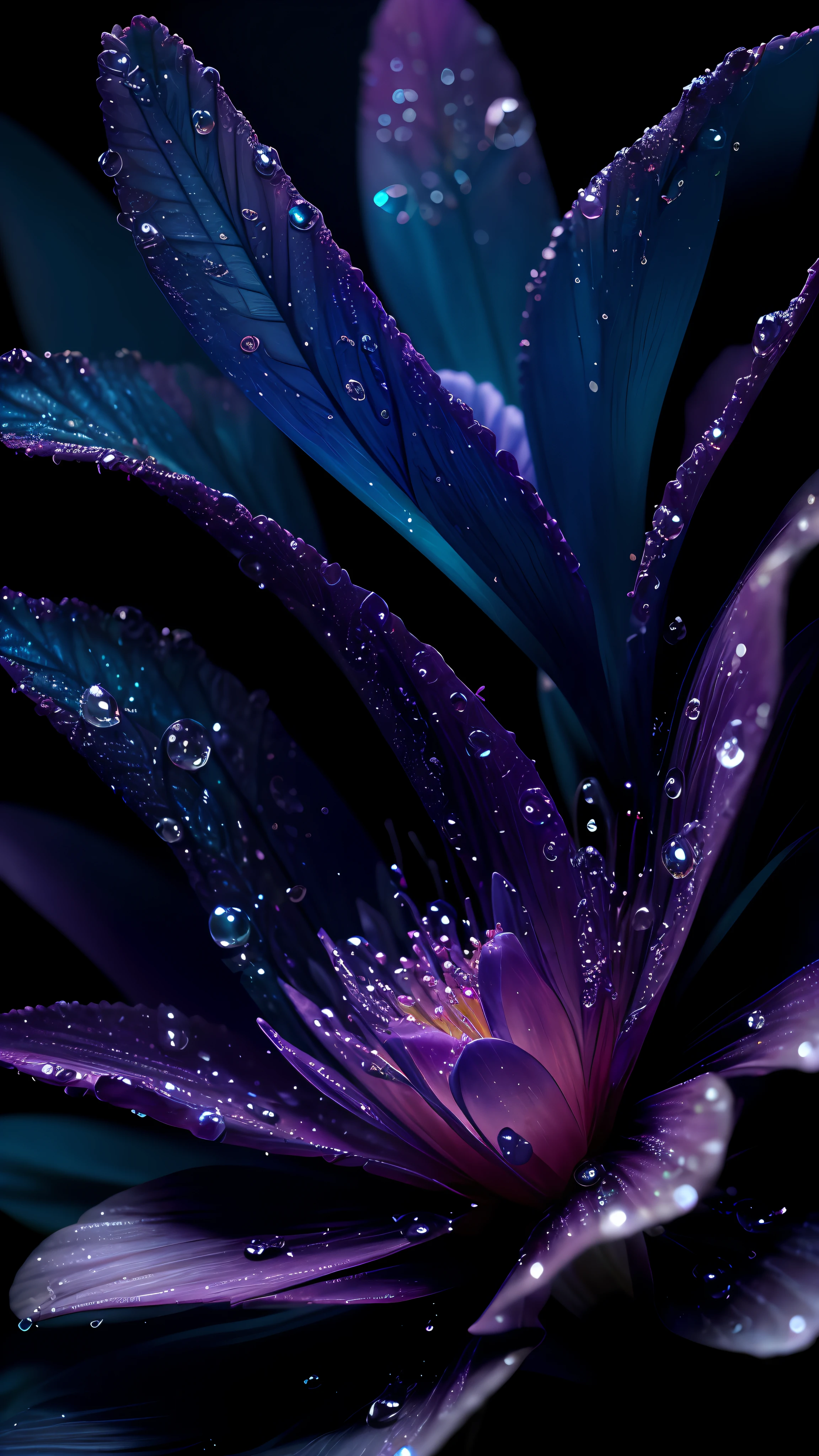 8k resolution, Gothic deviation art, complementary colors, soft cinematic light, soft light shining on flowers, HDR, ultra-detailed complex flower and water drop themed art with a sense of detail. Flower petals and water droplets glow to reveal a dreamy intricate style.