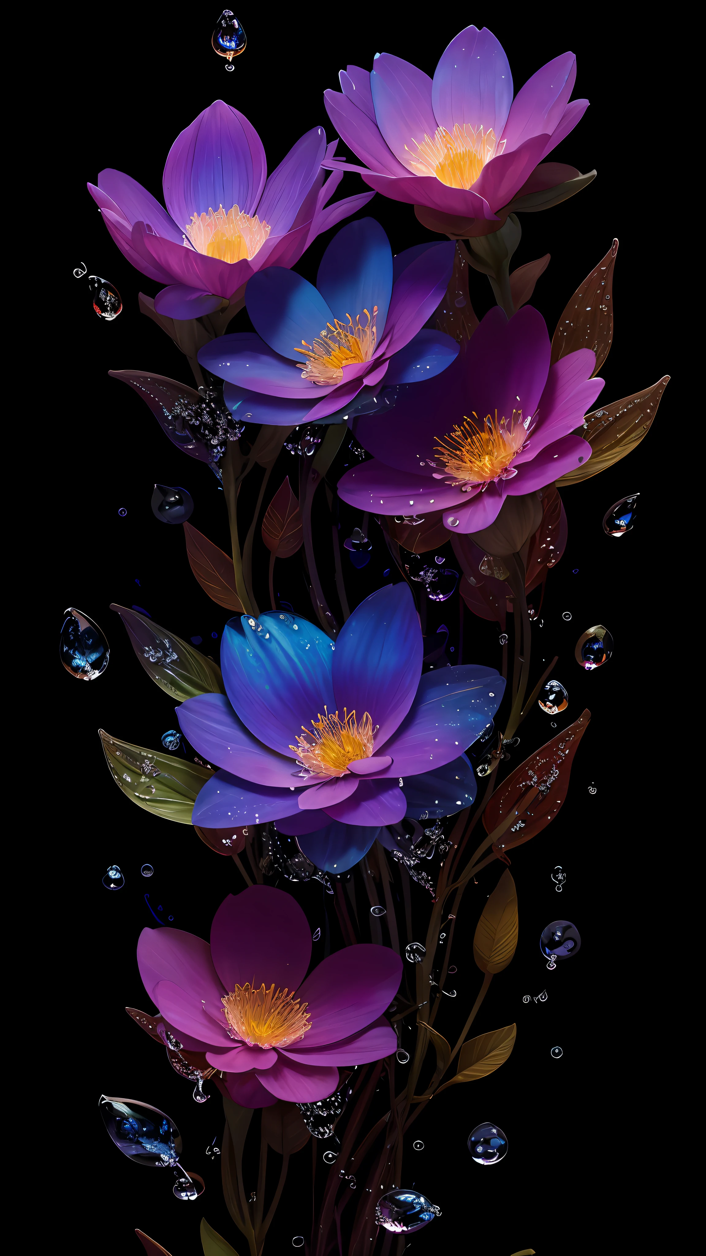 8k resolution, Gothic deviation art, complementary colors, soft cinematic light, soft light shining on flowers, HDR, flower panorama, flowers + leaves + peduncles, presenting ultra-detailed complex flowers and water drop theme art drawings with full sense of detail. Flower petals and water droplets glow to reveal a dreamy intricate style.