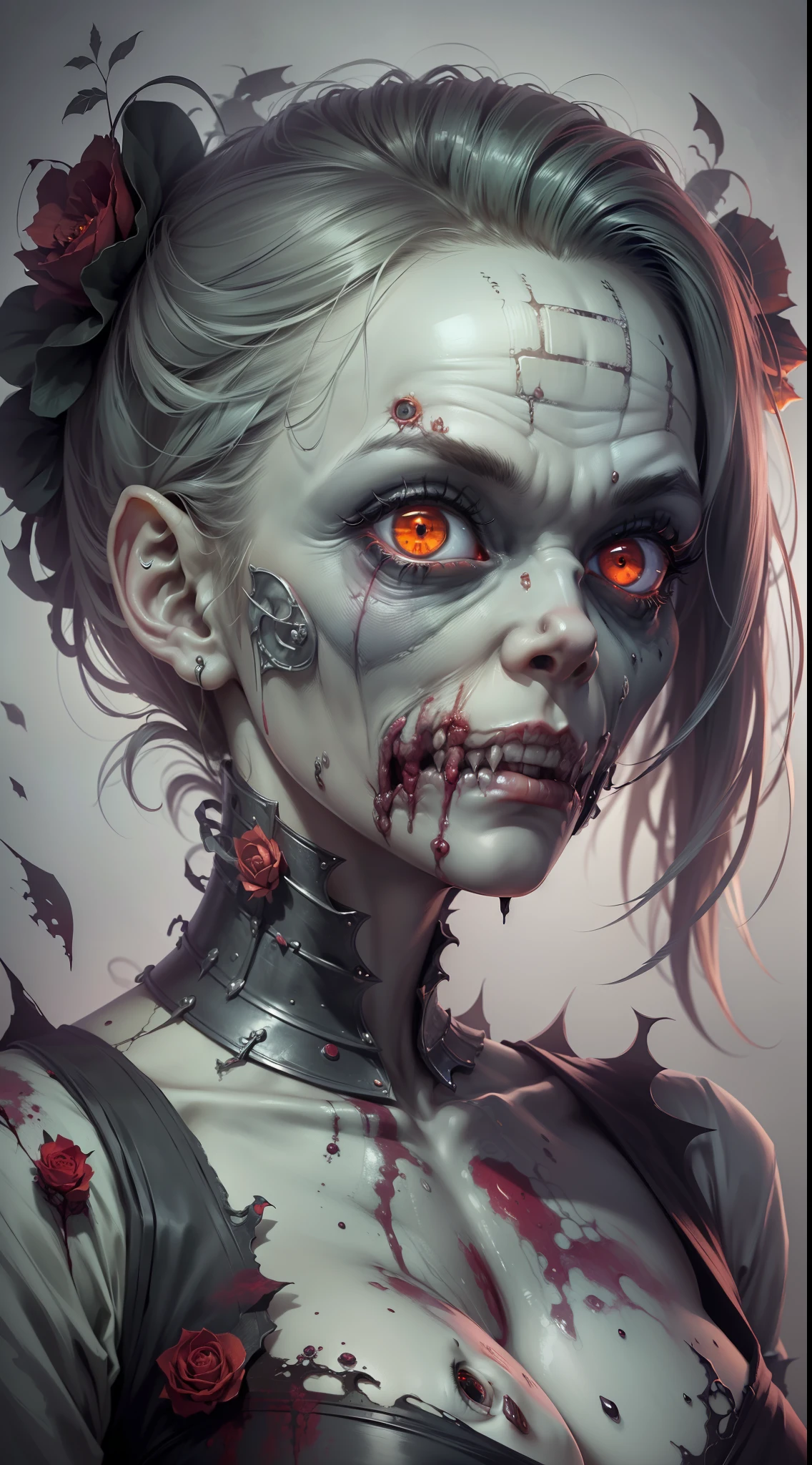 (8k wallpaper with extremely detailed CG unit, masterpiece, best quality, ultra-detailed), (best lighting, best shadow), (a perfect and symmetrical face of (((a zombie woman, decaying skin))), with eyes that reflect the beauty of the world), attractive, floating, high resolution, dynamic angle, dynamic pose, graveyard background, eerie and creepy night.