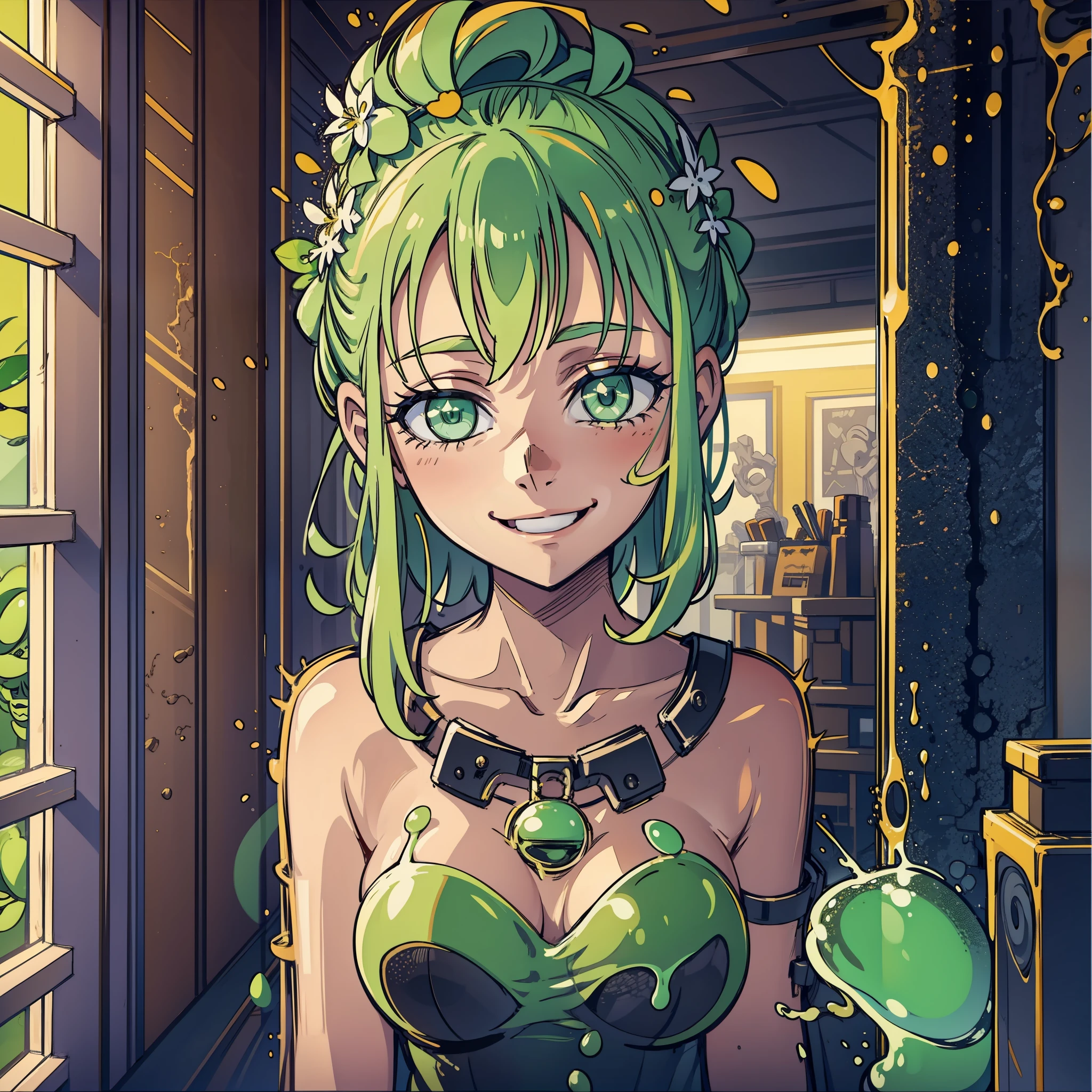 Bust, girl, green slime, transparent, smiling