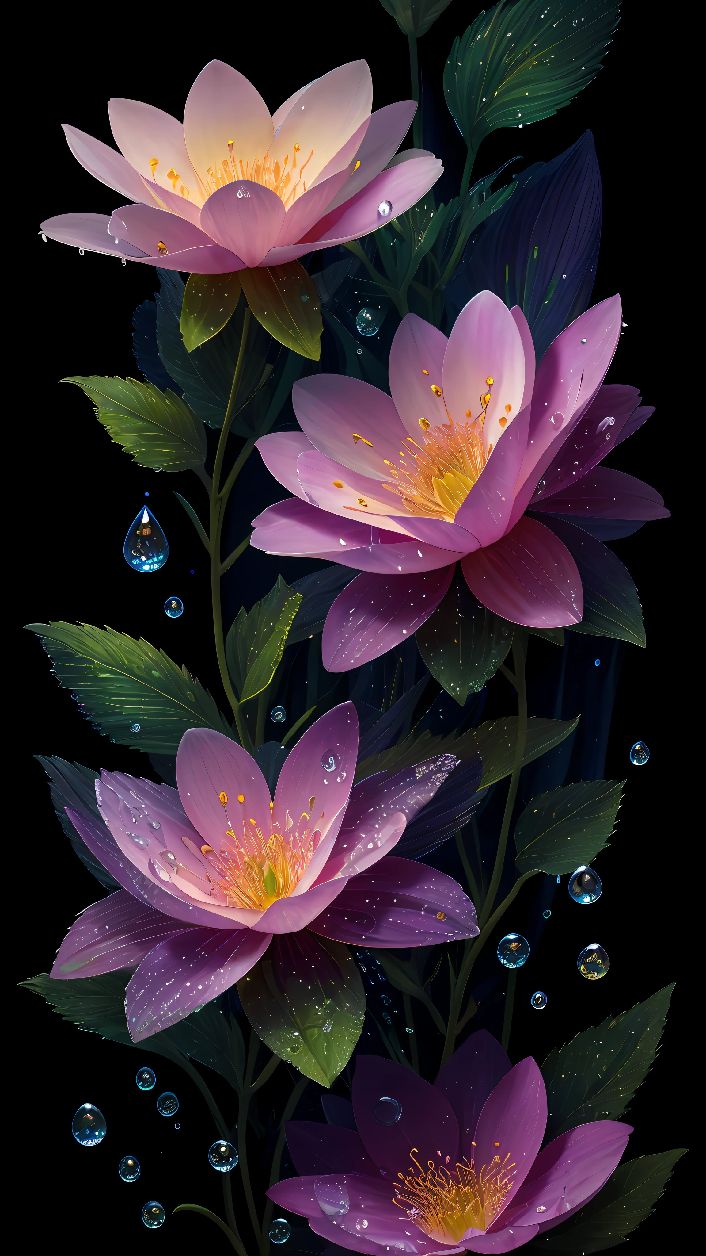 8k resolution, Gothic deviation art, complementary colors, soft cinematic light, soft light shining on flowers, HDR, flower panorama, flowers + leaves + peduncles, presenting ultra-detailed complex flowers and water drop theme art drawings with full sense of detail. Flower petals and water droplets glow to reveal a dreamy intricate style.